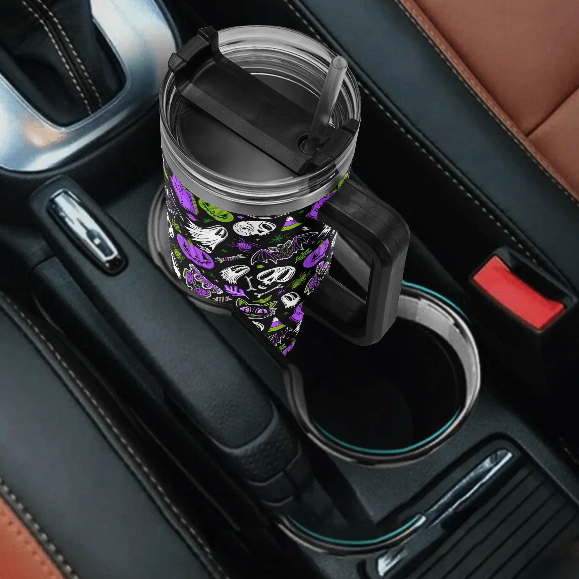 Spooky Season Cute Halloween Skull Ghost Jack-O-Lantern Pattern 40oz Stainless Steel Tumbler With Black Handle and Straw