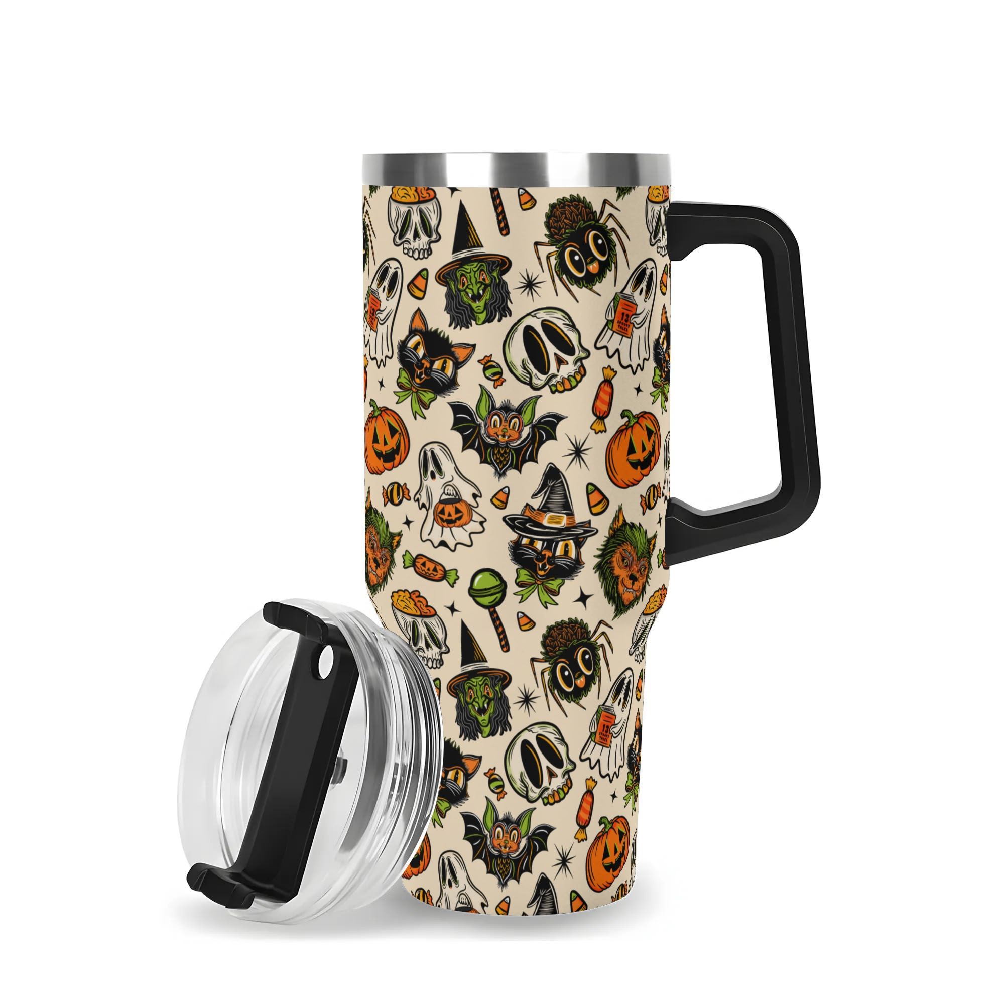 Spooky Season Cute Halloween Creeps Pattern 40oz Stainless Steel Tumbler With Black Handle and Straw