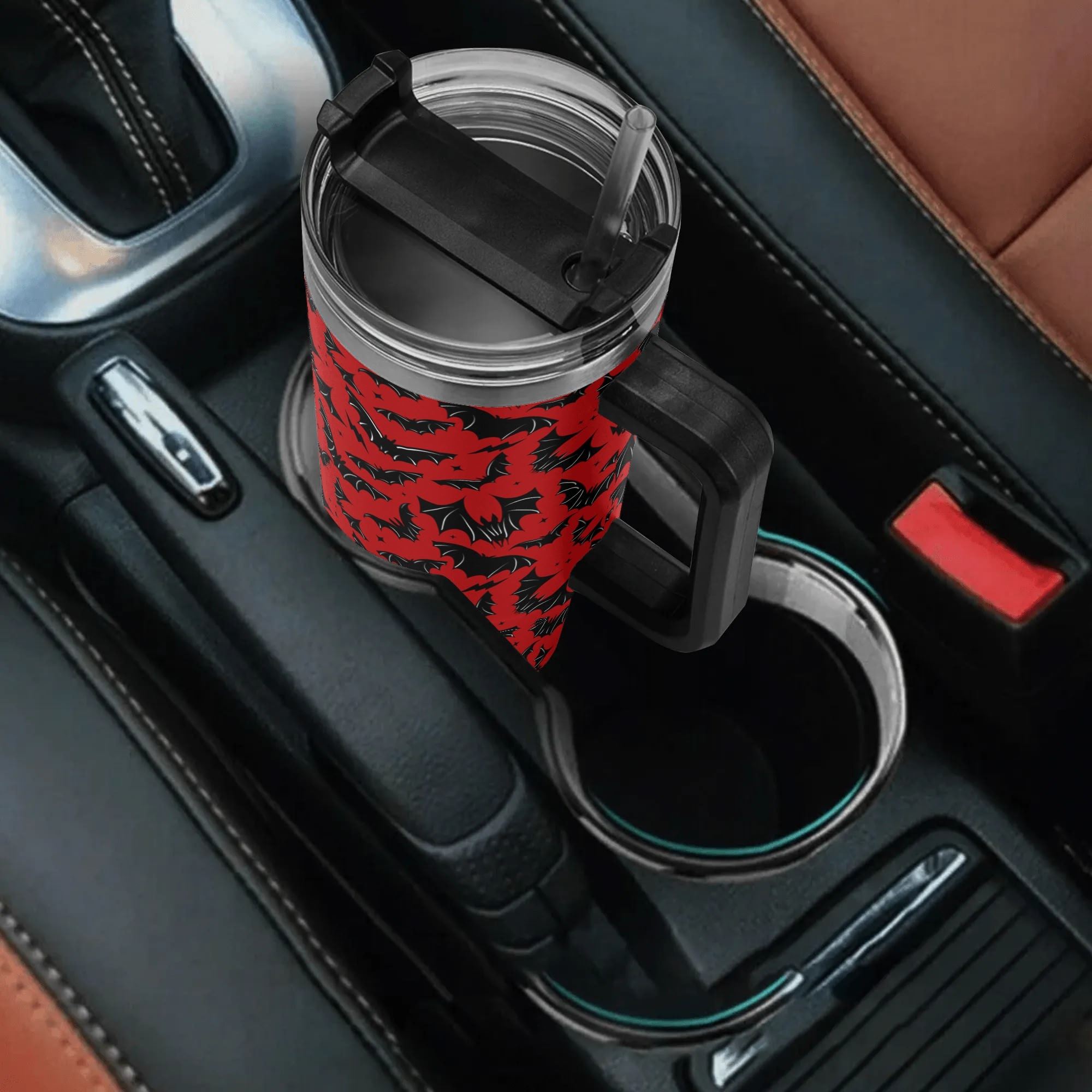 Spooky Season Halloween Gothic Bats Pattern 40oz Stainless Steel Tumbler With Black Handle and Straw