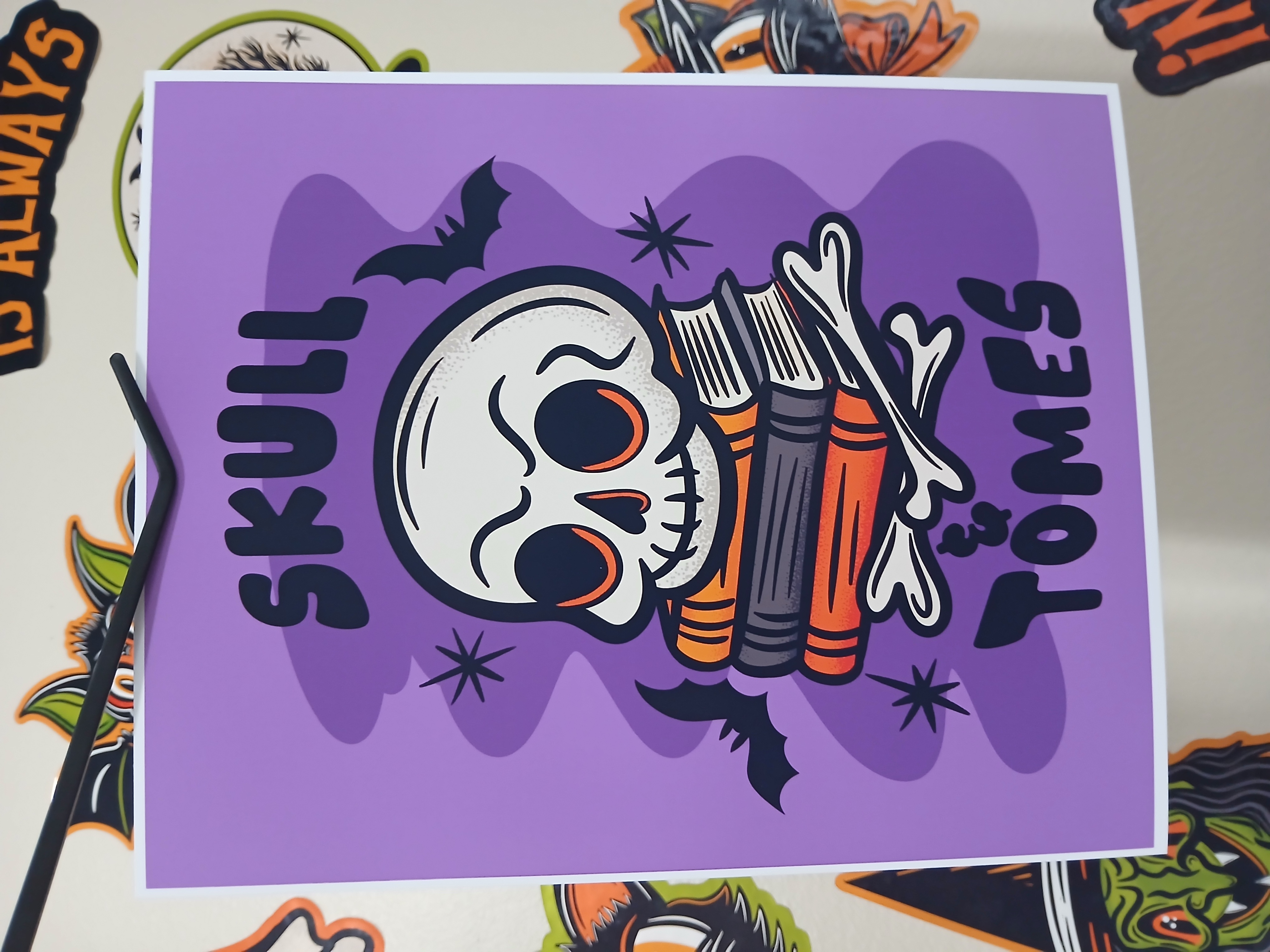 Spooky Bookish Skull Bats Halloween Wall Decor Art Print