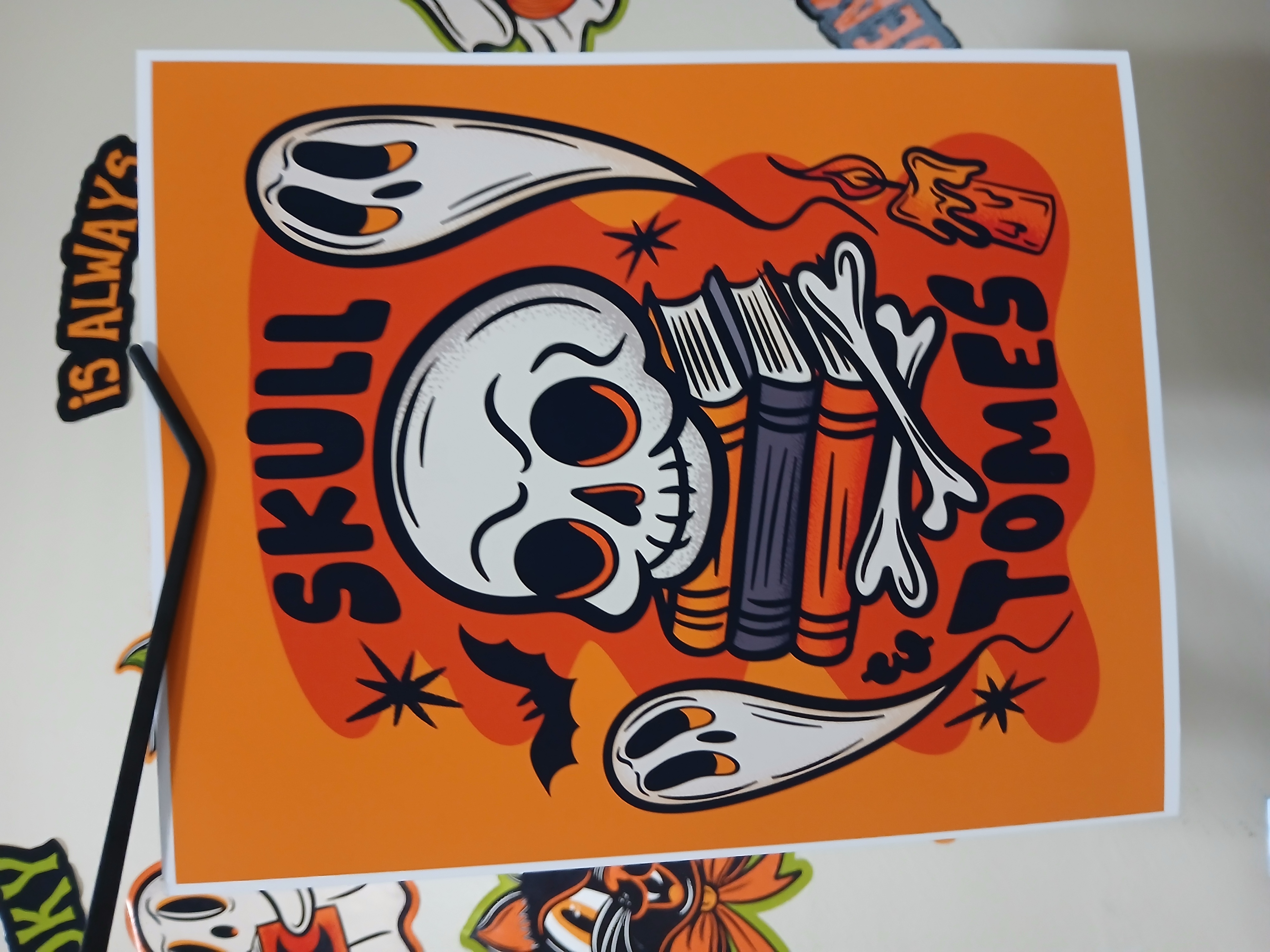 Spooky Bookish Skull Bats Ghosts Halloween Wall Decor Art Print