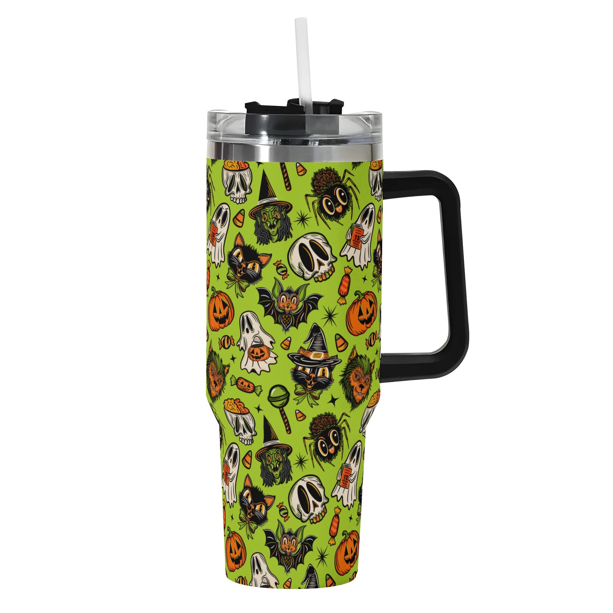 Spooky Season Cute Halloween Creeps Pattern 40oz Stainless Steel Tumbler With Black Handle and Straw
