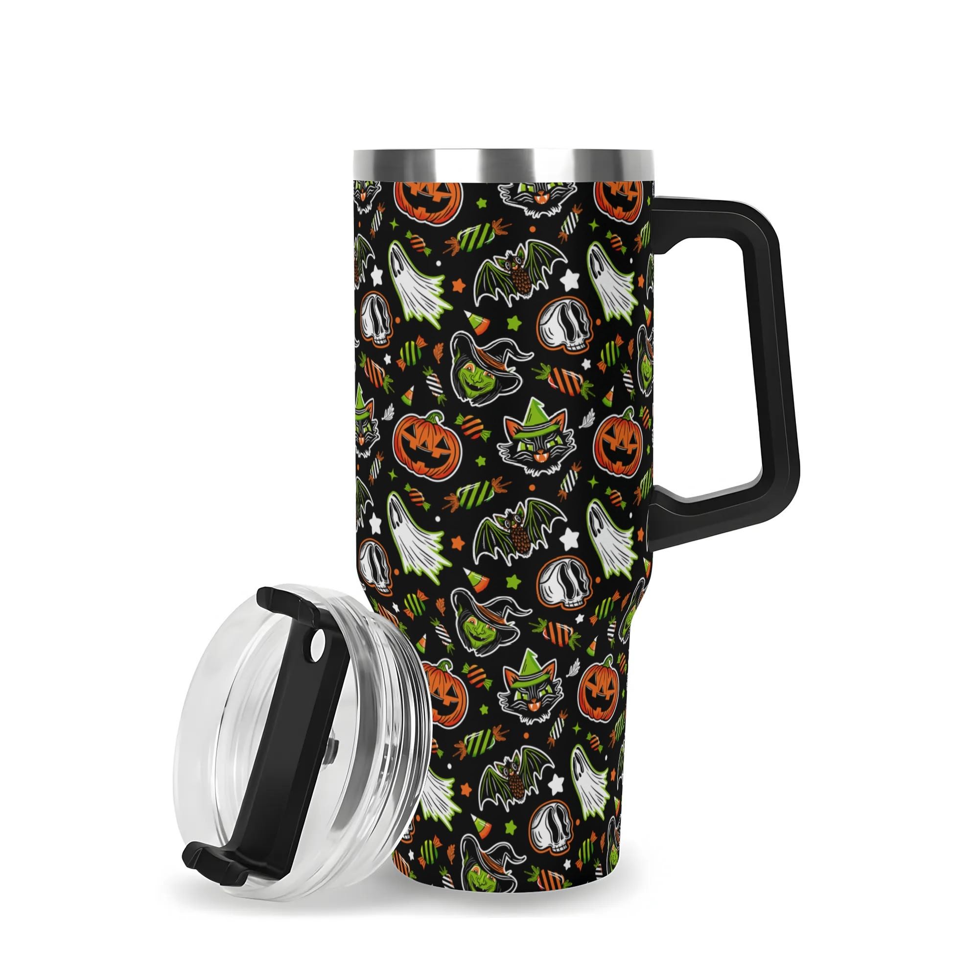 Spooky Season Cute Halloween Creeps Pattern 40oz Stainless Steel Tumbler With Black Handle and Straw