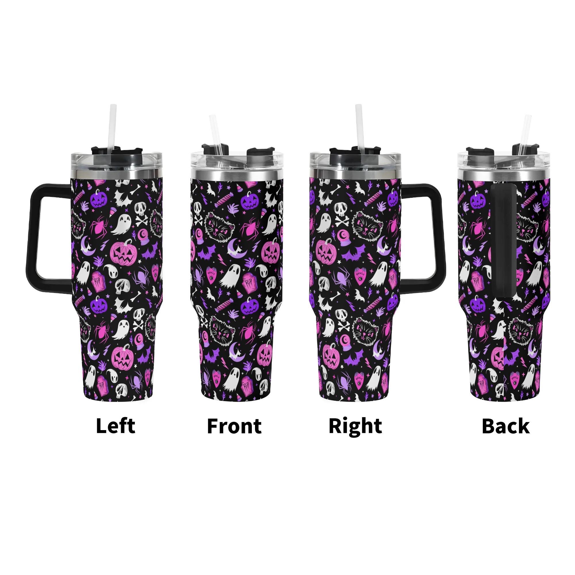 Spooky Season Cute Halloween Pastel Goth Skull Ghost Jack-O-Lantern Black Cat Pattern 40oz Stainless Steel Tumbler With Black Handle and Straw