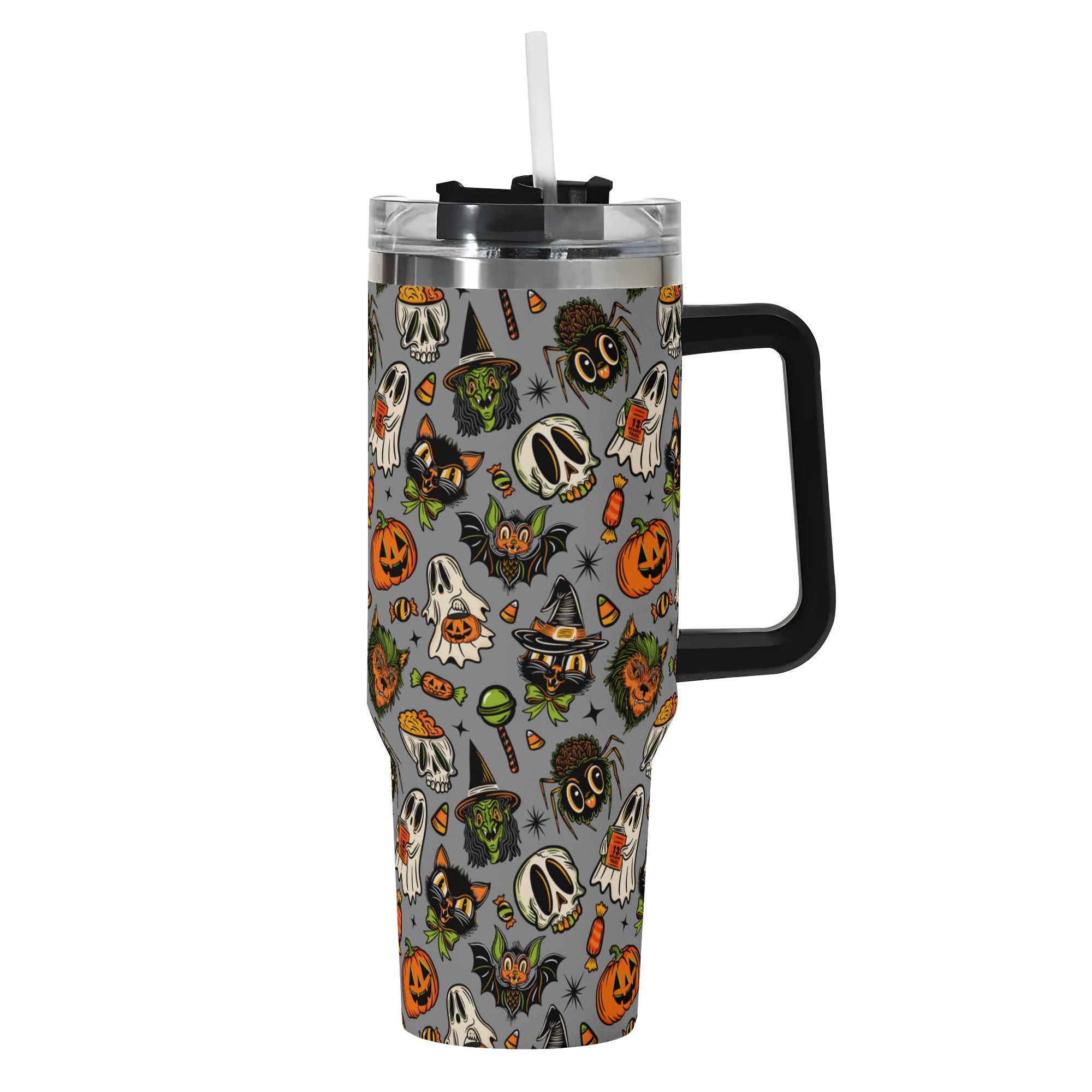 Spooky Season Cute Halloween Creeps Pattern 40oz Stainless Steel Tumbler With Black Handle and Straw