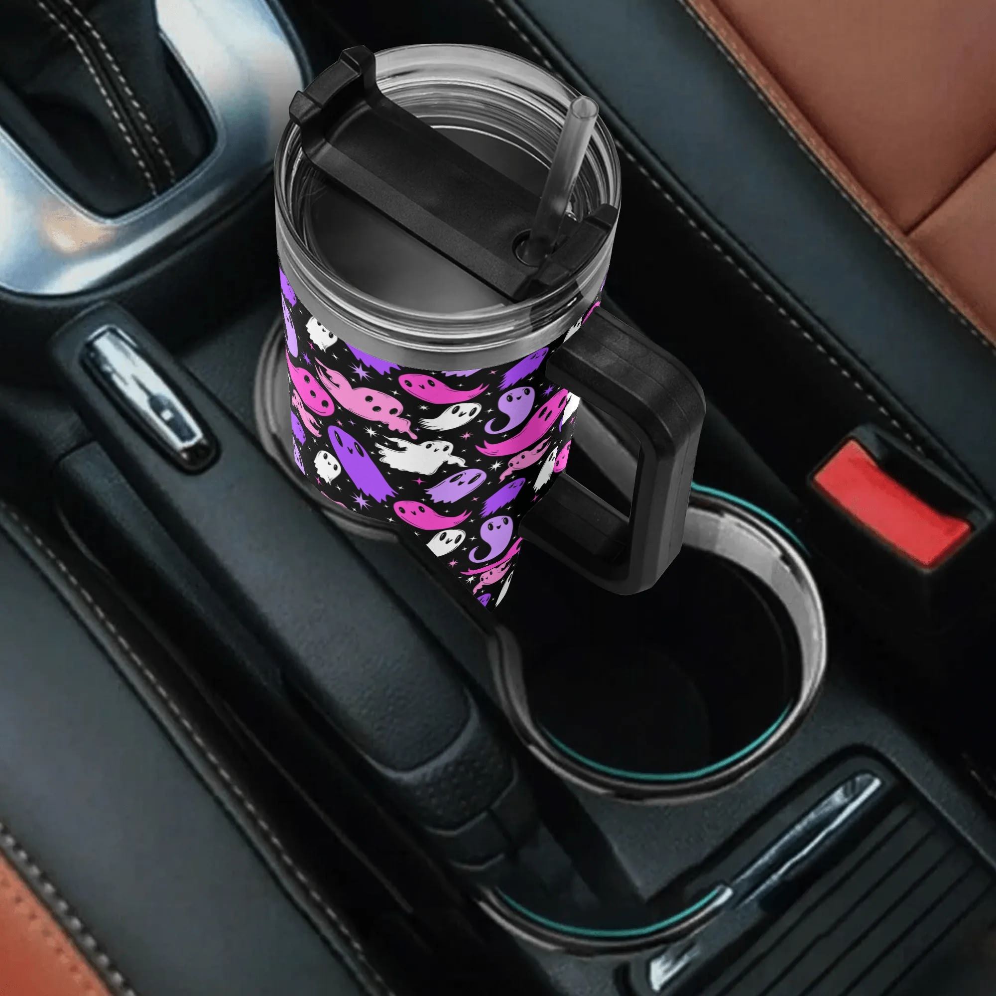 Spooky Season Cute Halloween Pastel Goth Ghosties Pattern 40oz Stainless Steel Tumbler With Black Handle and Straw