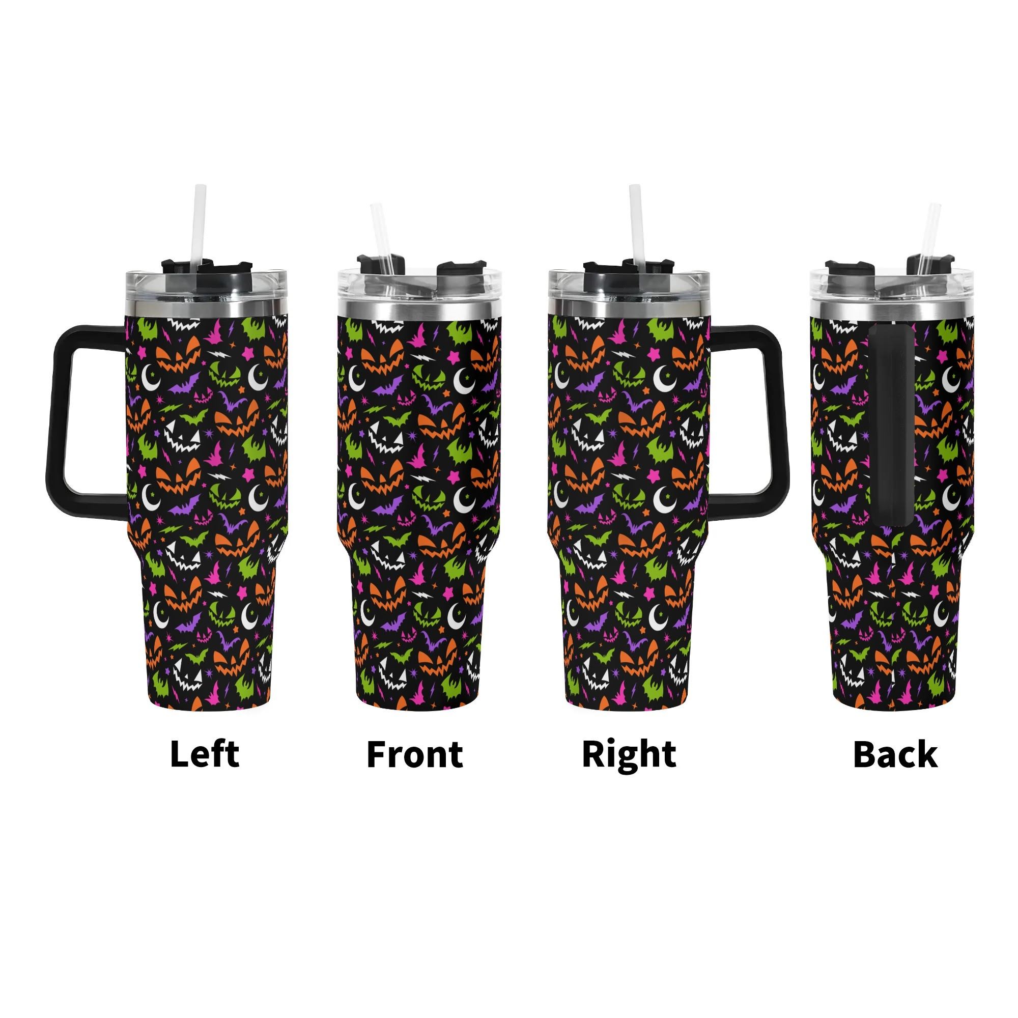 Spooky Season Cute Retro 90's Style Halloween Jack-o-Lantern Face, Bats, Moons Pattern 40oz Stainless Steel Tumbler With Black Handle and Straw