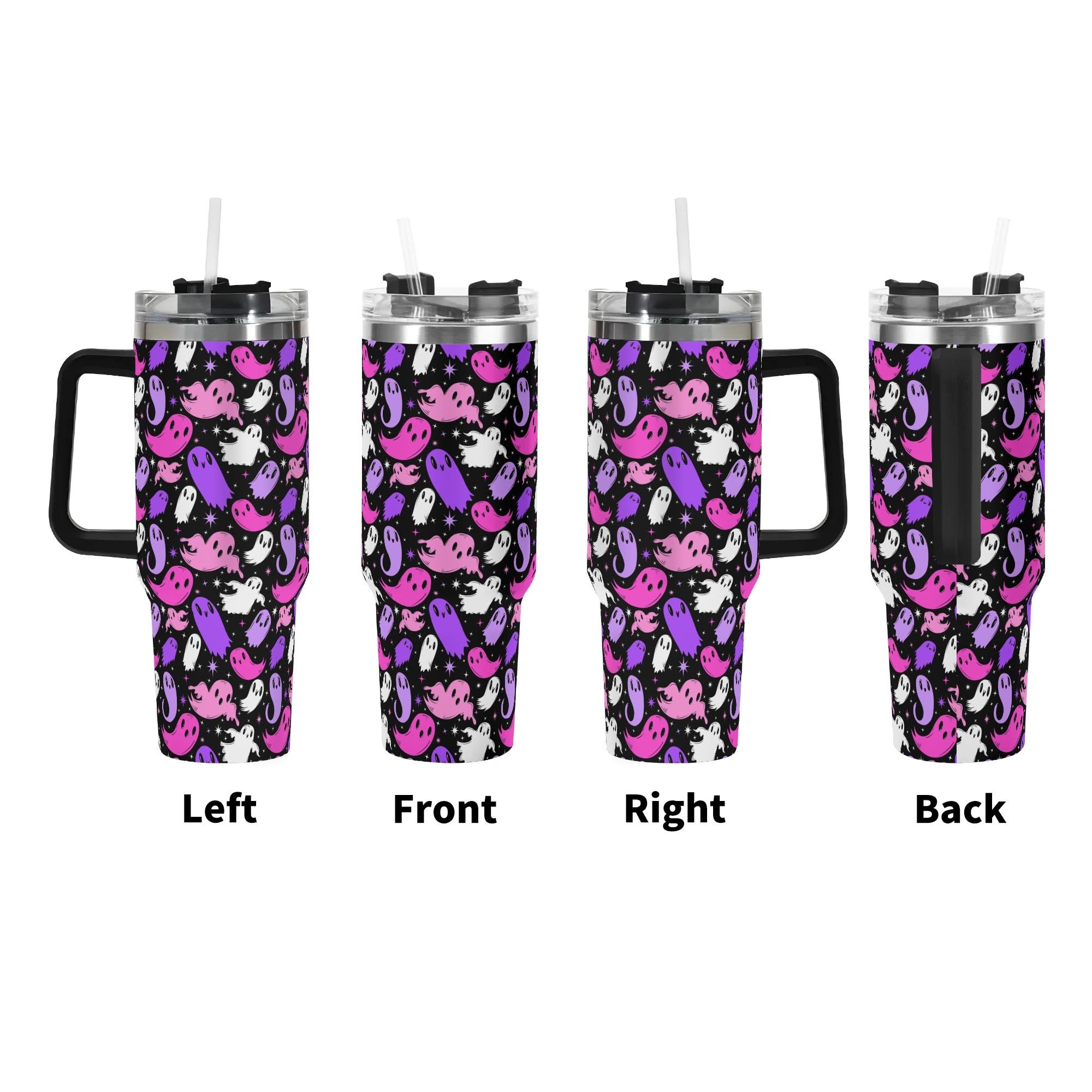 Spooky Season Cute Halloween Pastel Goth Ghosties Pattern 40oz Stainless Steel Tumbler With Black Handle and Straw