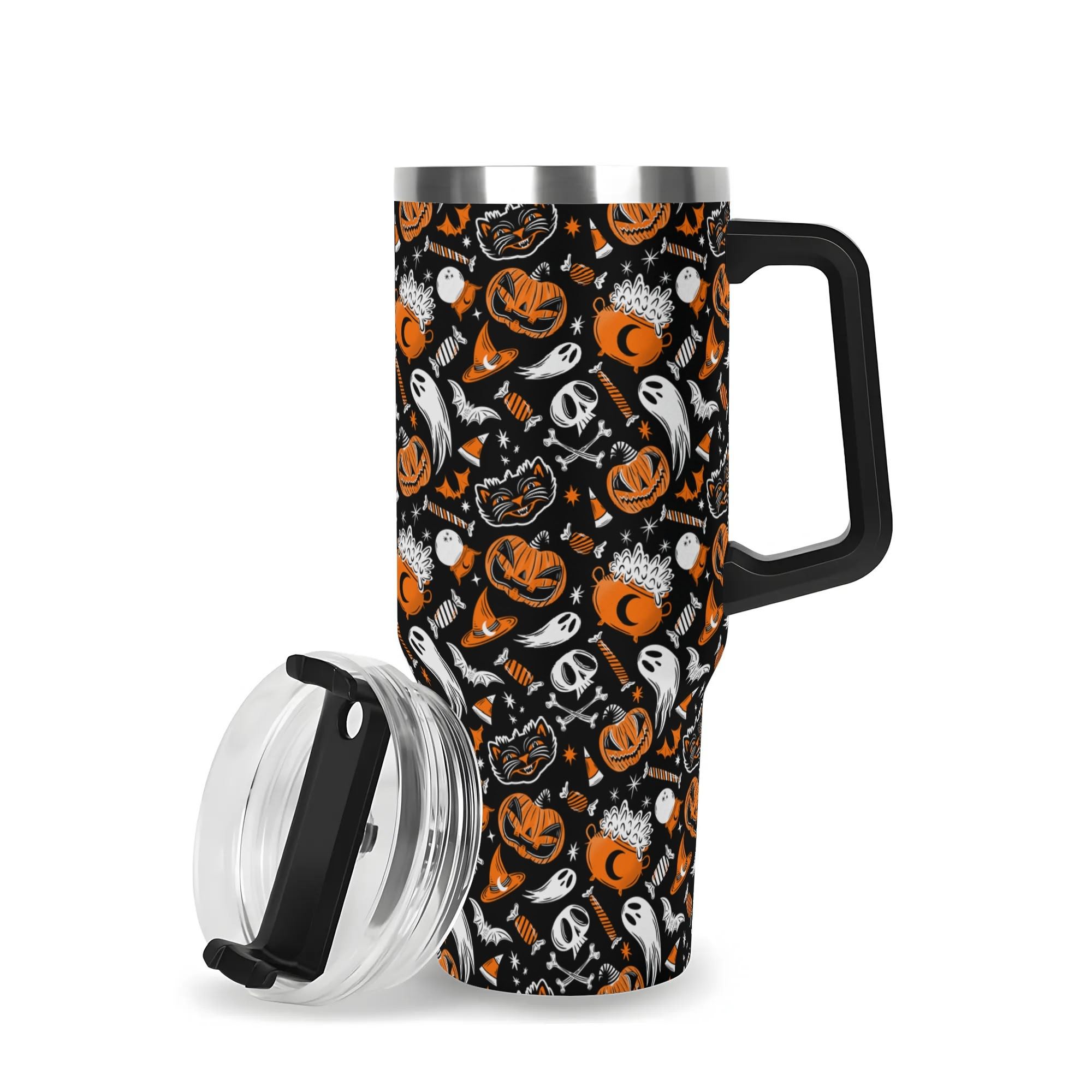 Spooky Season Cute Halloween Creeps Pattern 40oz Stainless Steel Tumbler With Black Handle and Straw