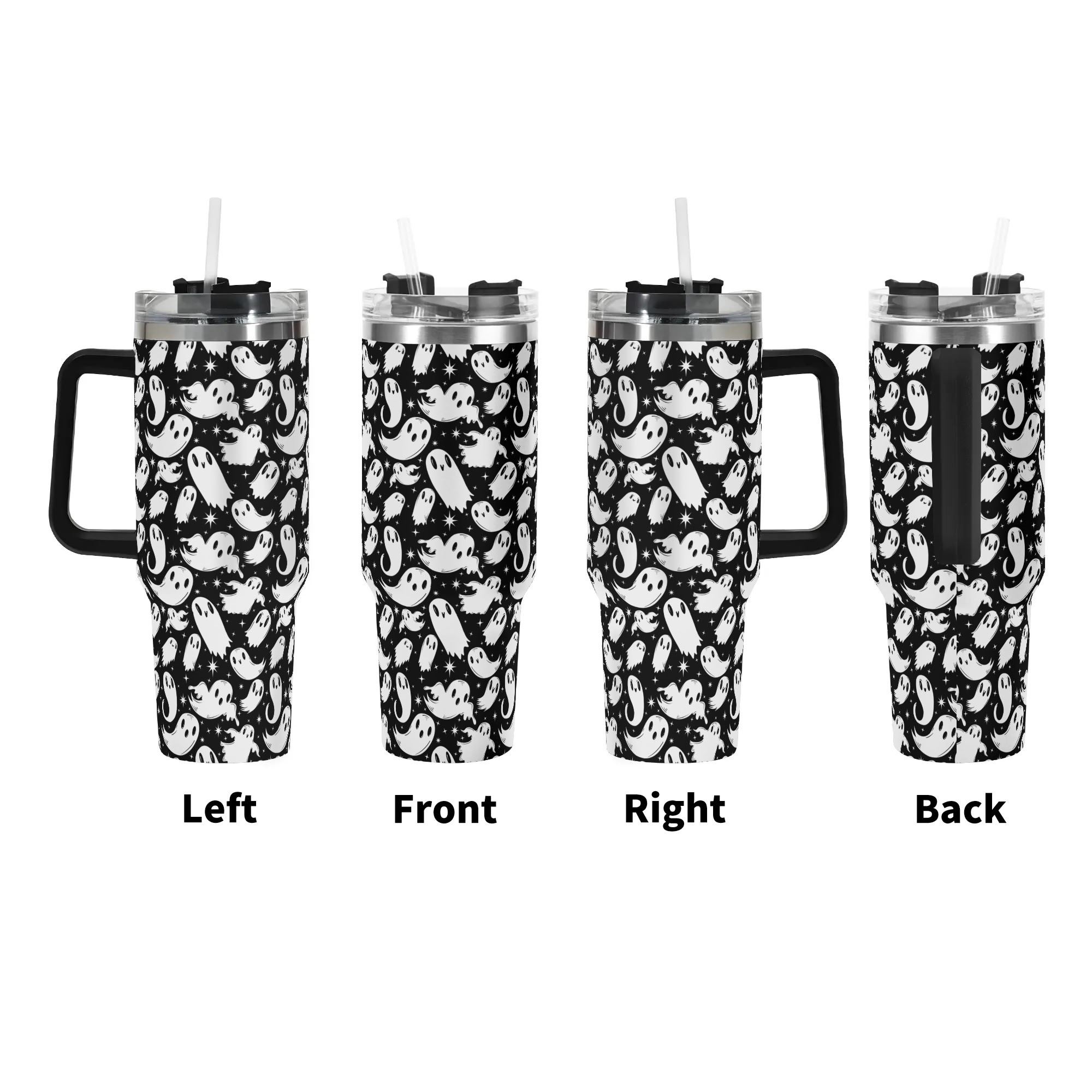 Spooky Season Cute Halloween Ghosties Pattern 40oz Stainless Steel Tumbler With Black Handle and Straw