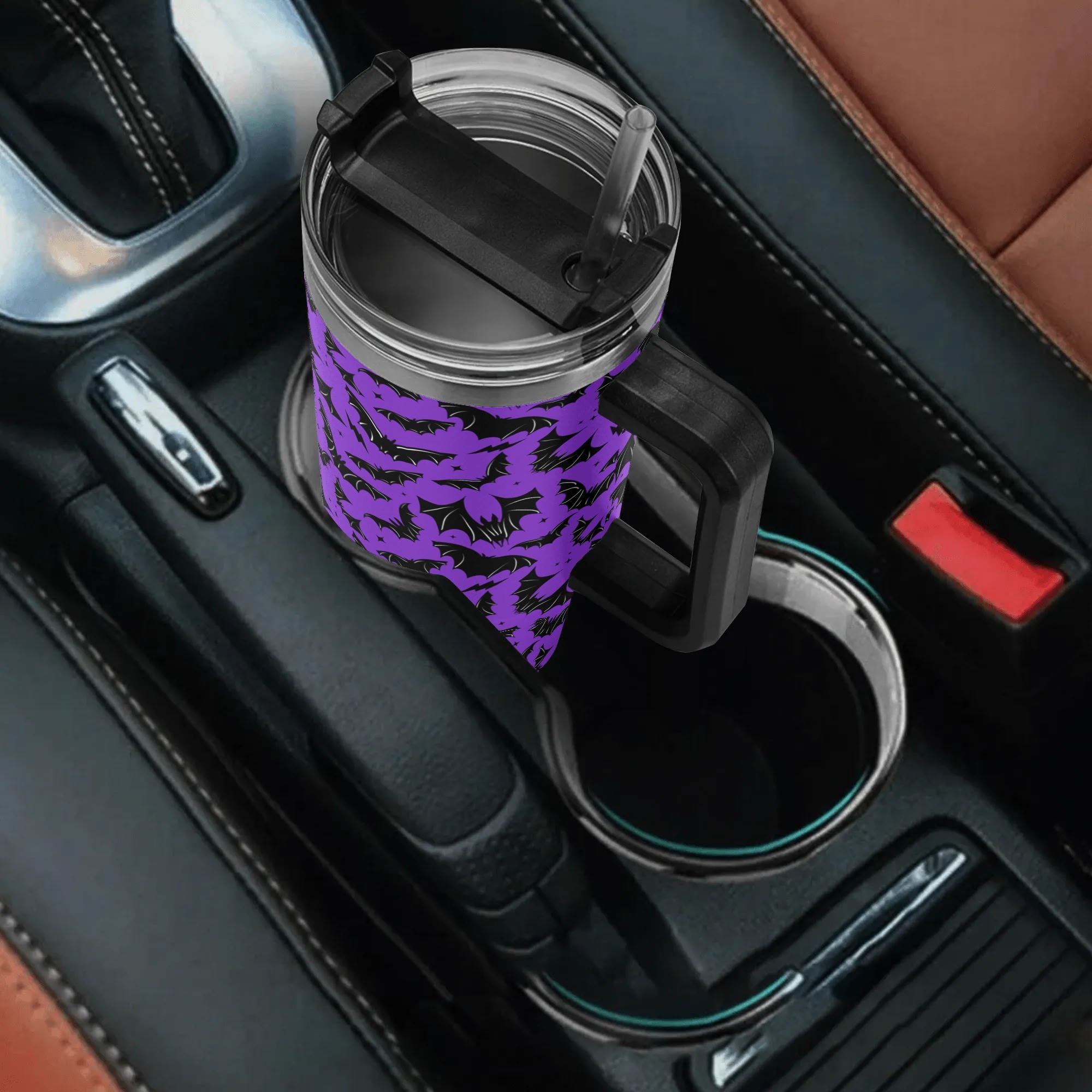 Spooky Season Halloween Gothic Bats Pattern 40oz Stainless Steel Tumbler With Black Handle and Straw