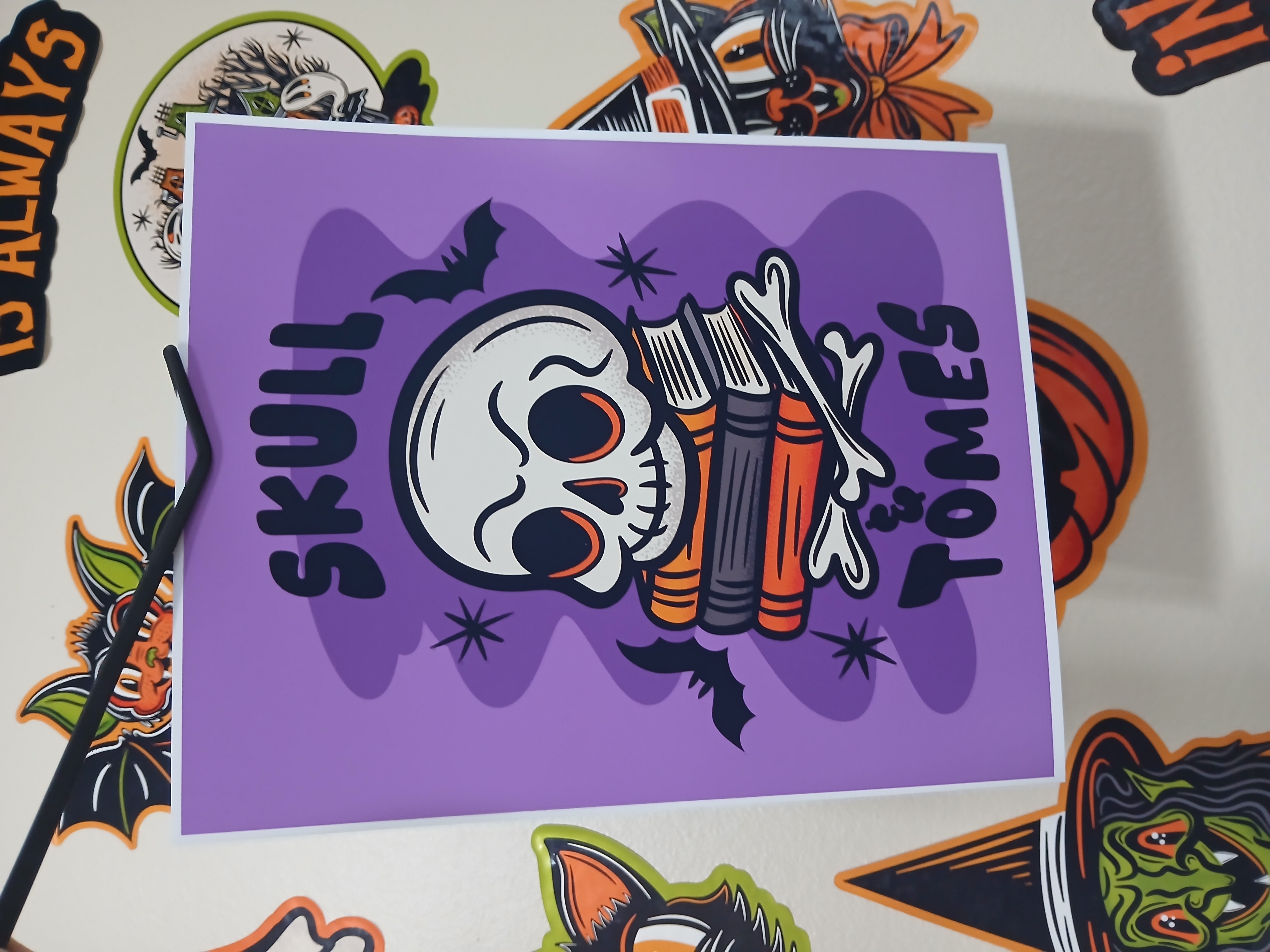 Spooky Bookish Skull Bats Halloween Wall Decor Art Print