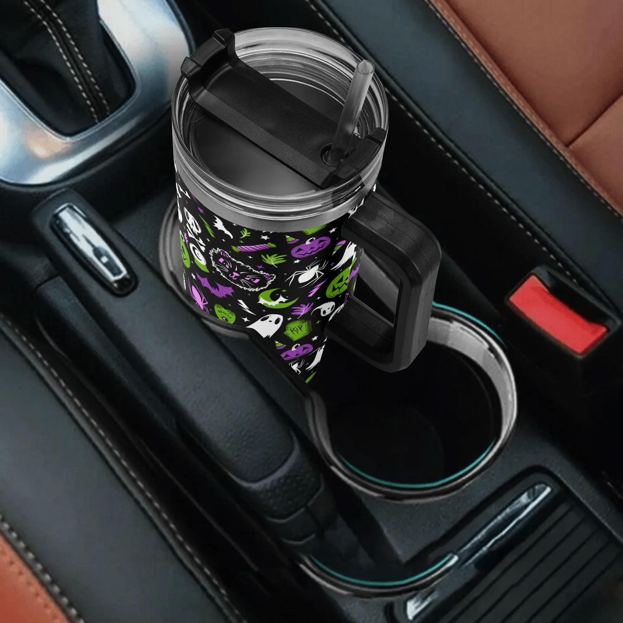 Spooky Season Cute Halloween Skull Ghost Jack-O-Lantern Black Cat Pattern 40oz Stainless Steel Tumbler With Black Handle and Straw