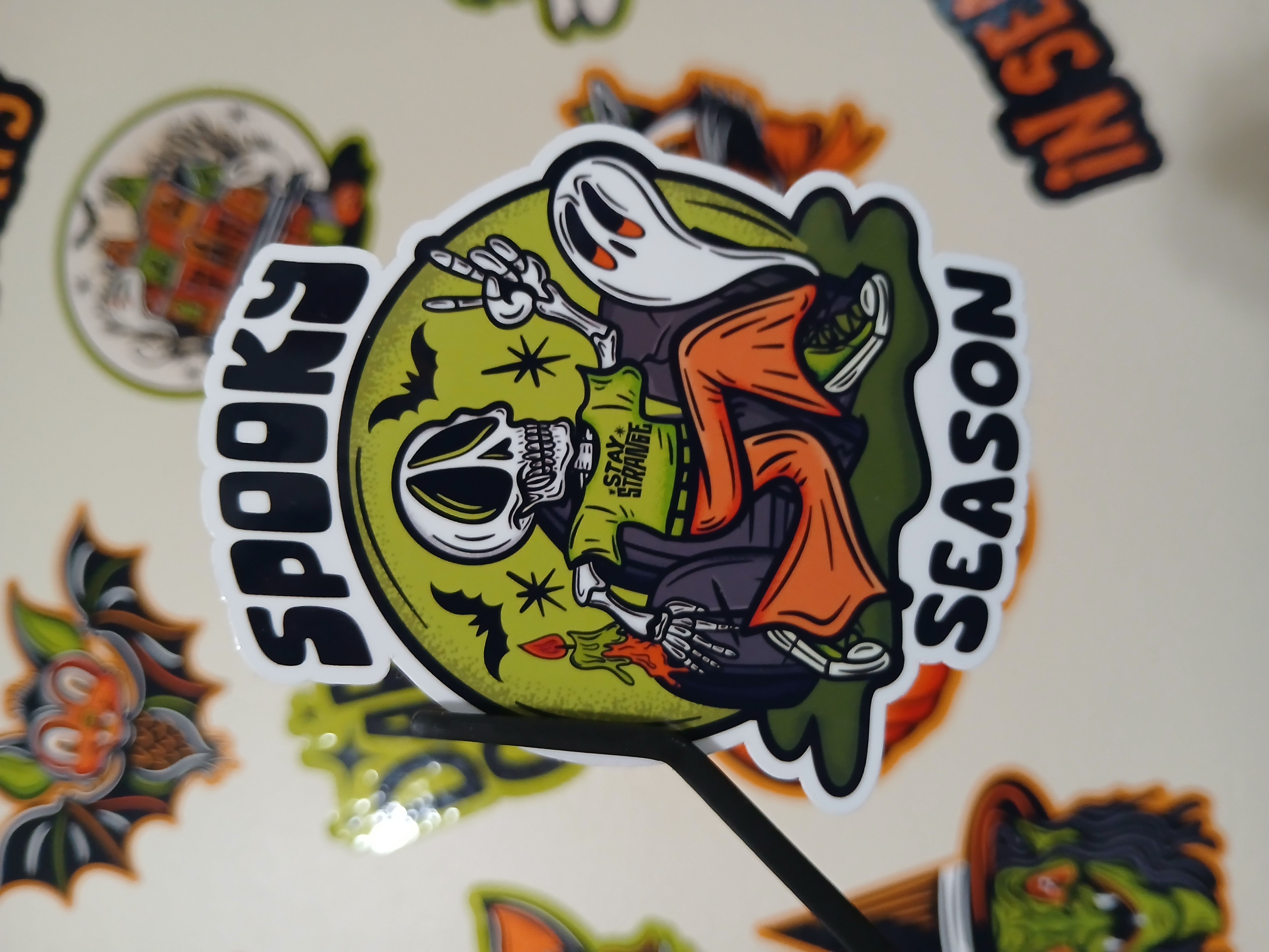 Spooky Season Cute Halloween Skeleton, Bats in Cemetery Vinyl Decal Sticker