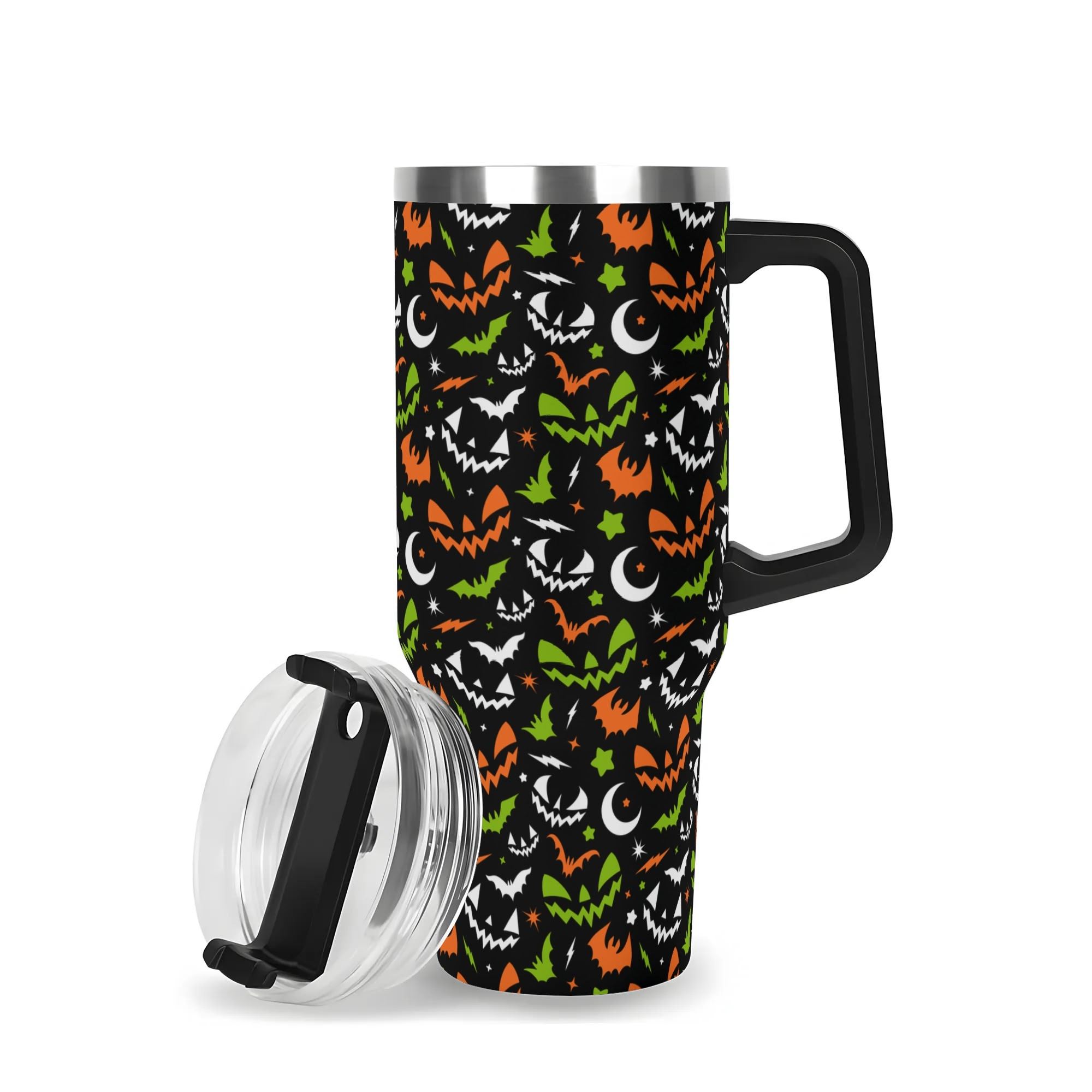 Spooky Season Cute Retro 90's Style Halloween Jack-o-Lantern Face, Bats, Moons Pattern 40oz Stainless Steel Tumbler With Black Handle and Straw