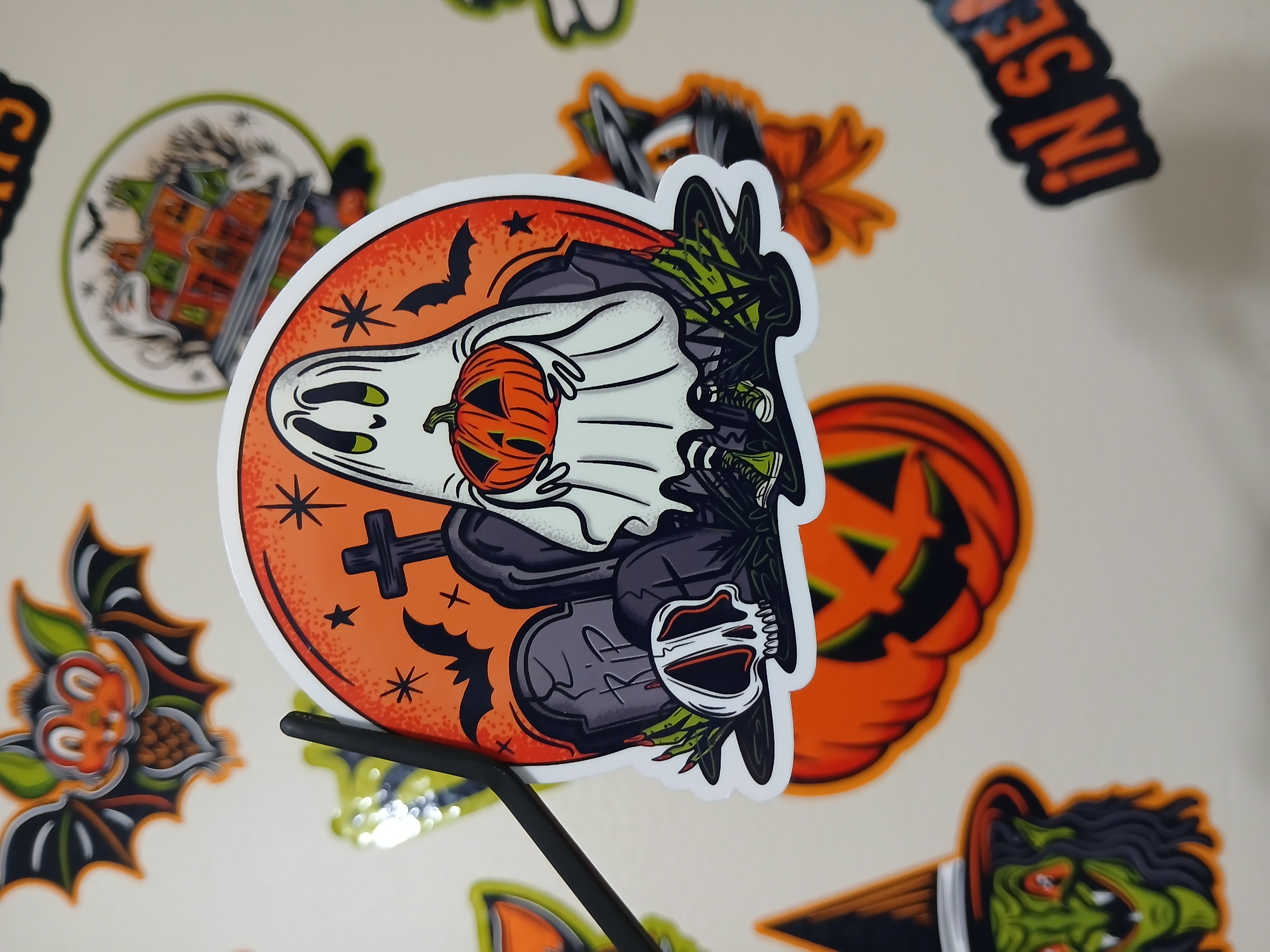 Spooky Cute Halloween Sheet Ghost, Skull, Bats in Cemetery Vinyl Decal Sticker