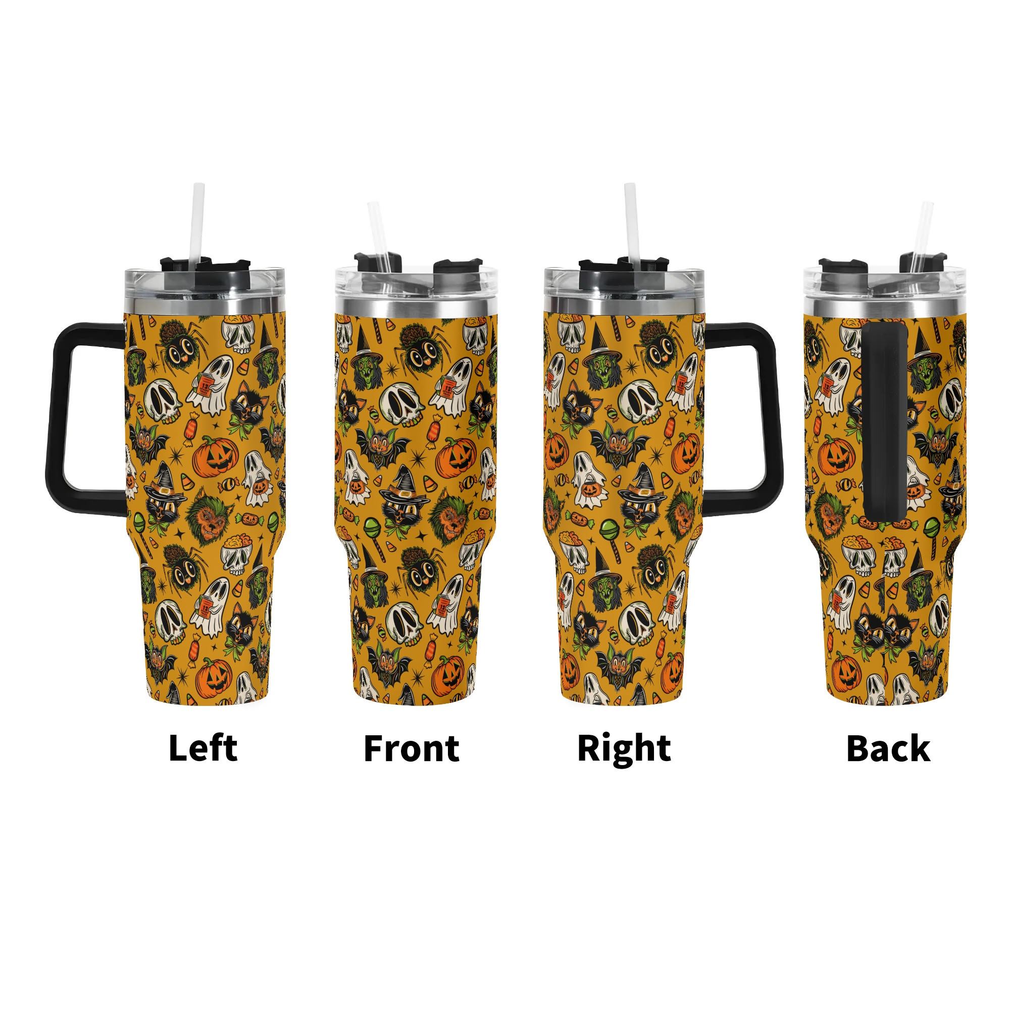 Spooky Season Cute Halloween Creeps Pattern 40oz Stainless Steel Tumbler With Black Handle and Straw