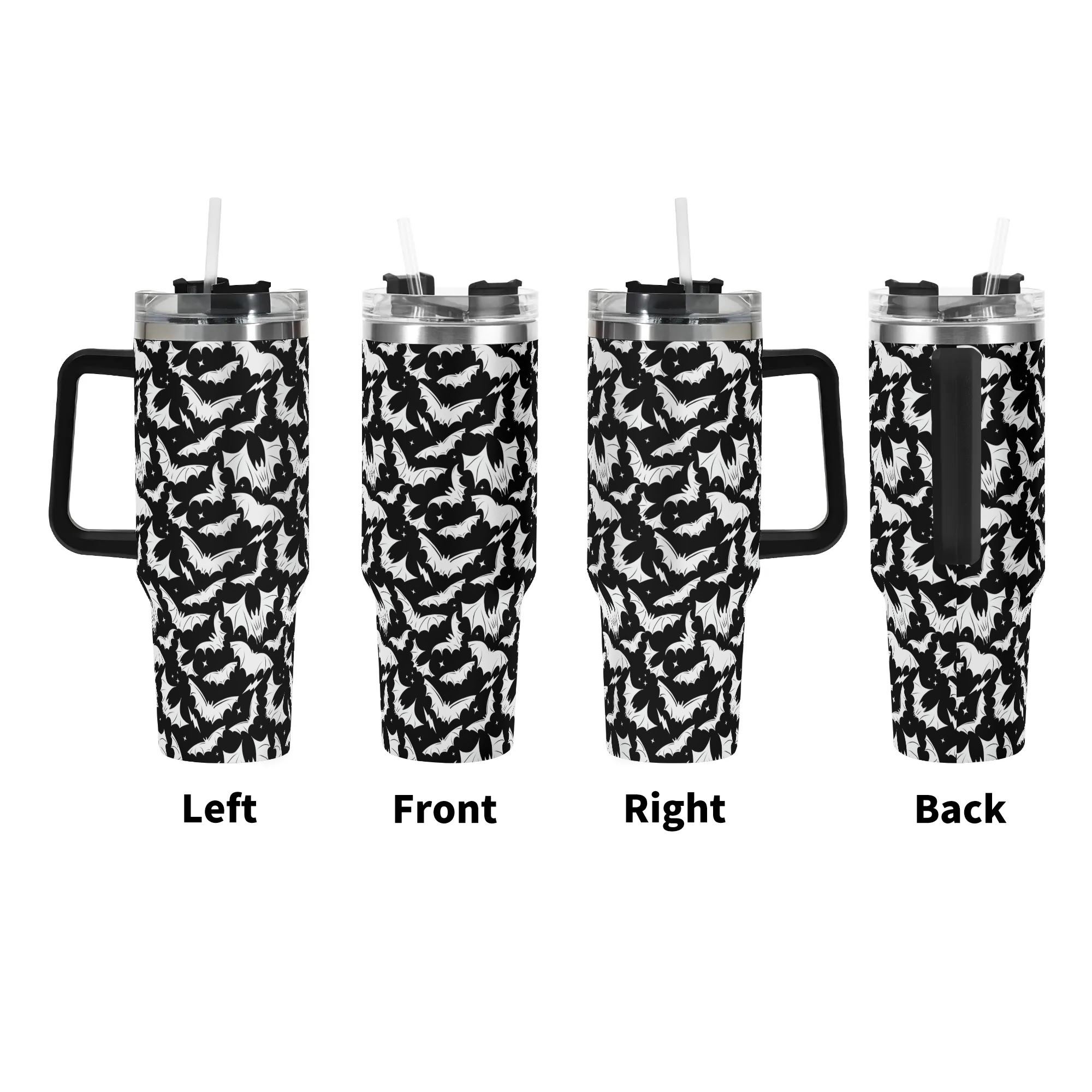 Spooky Season Halloween Gothic Bats Pattern 40oz Stainless Steel Tumbler With Black Handle and Straw