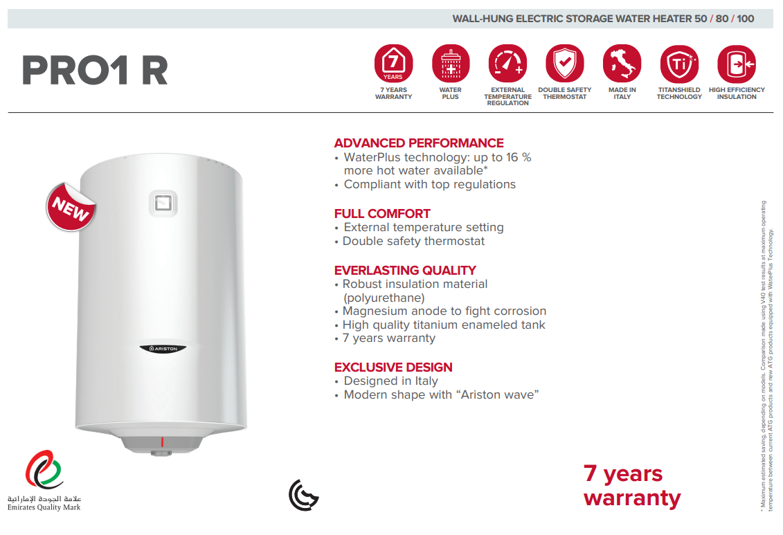 Ariston Electric Water Heater – 80L Horizontal Pro1-R (Made in Italy)