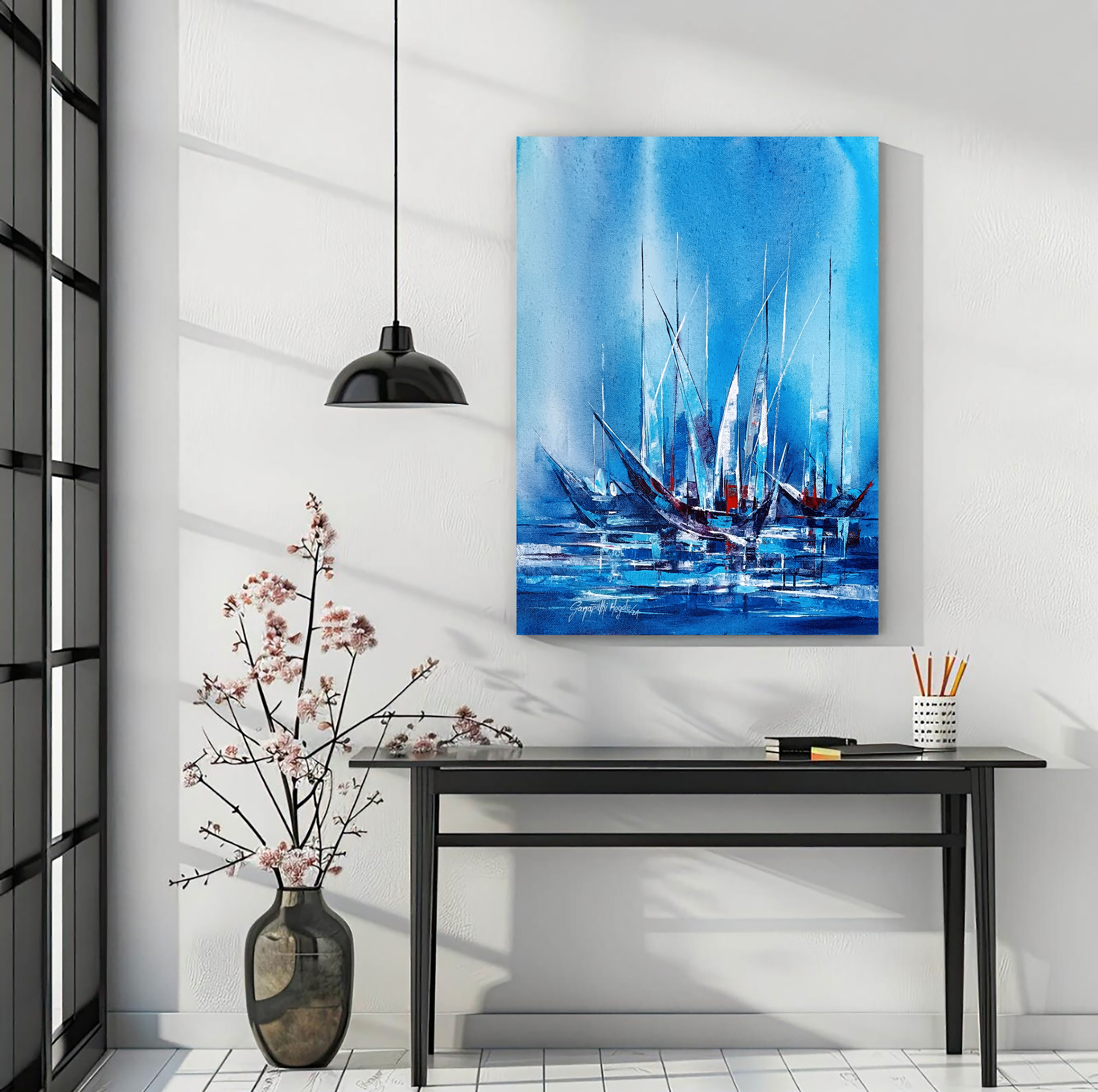 Abstract Blue Sailboats Painting