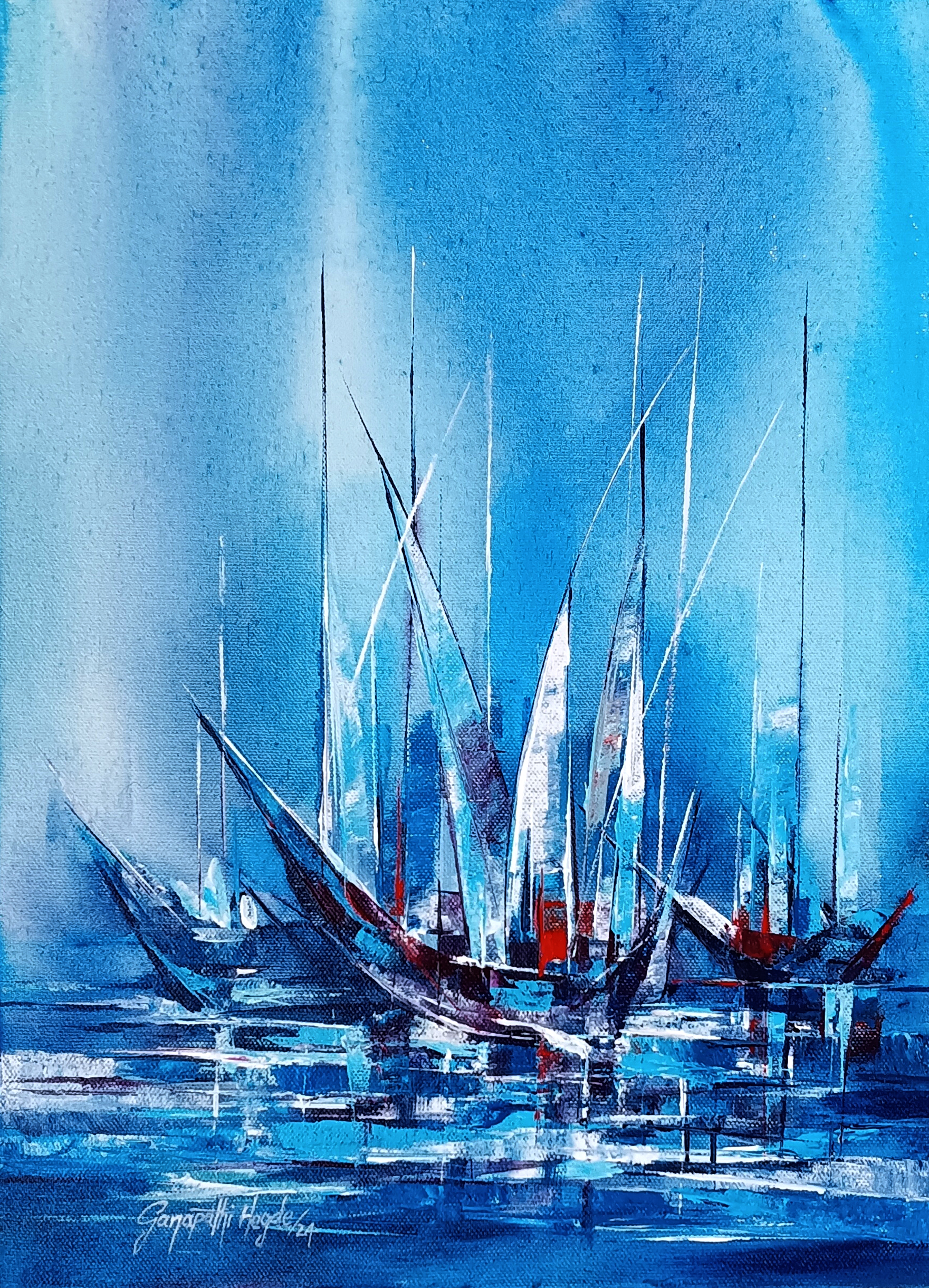 Abstract Blue Sailboats Painting