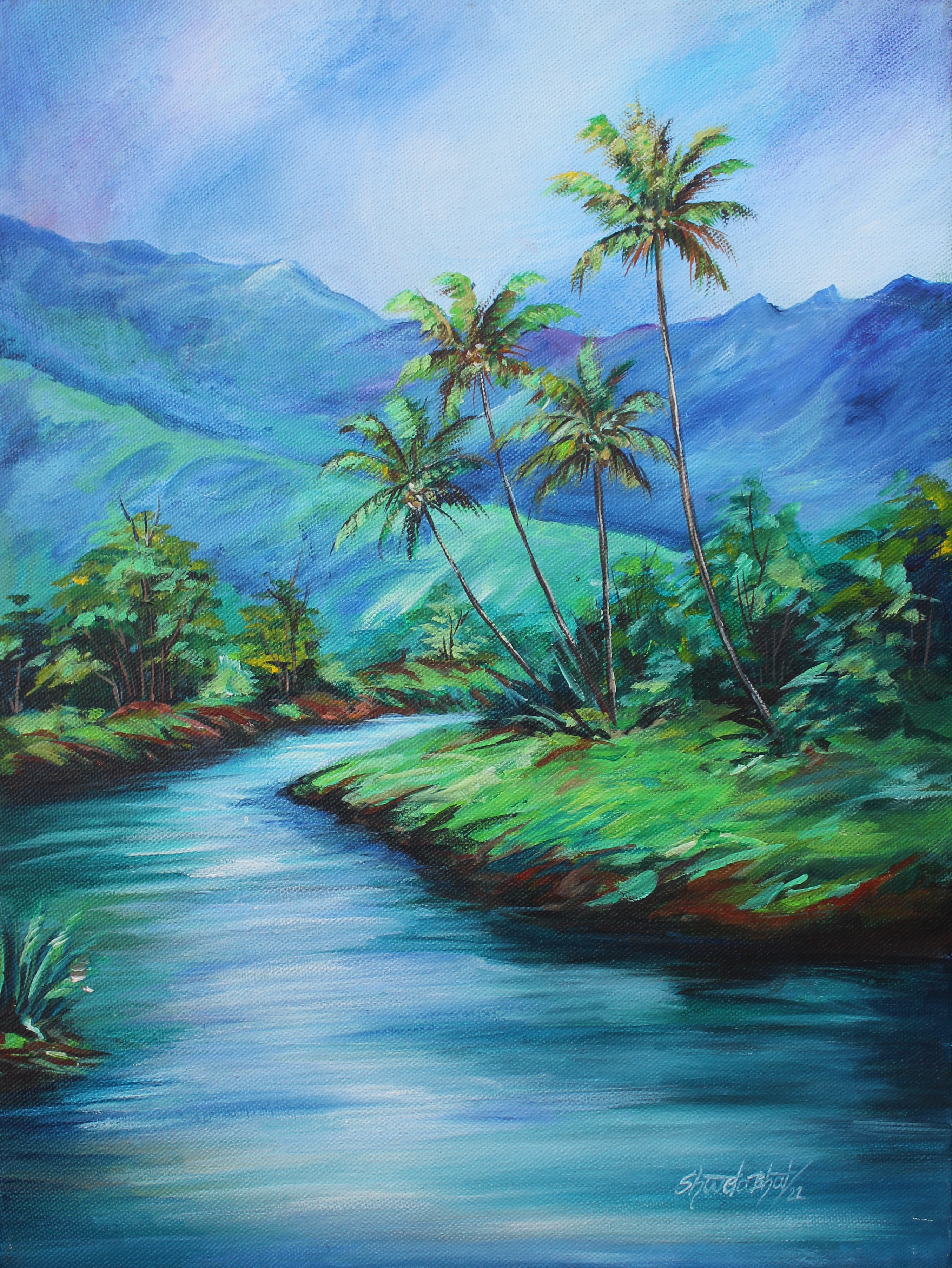 Tropical River Landscape Painting