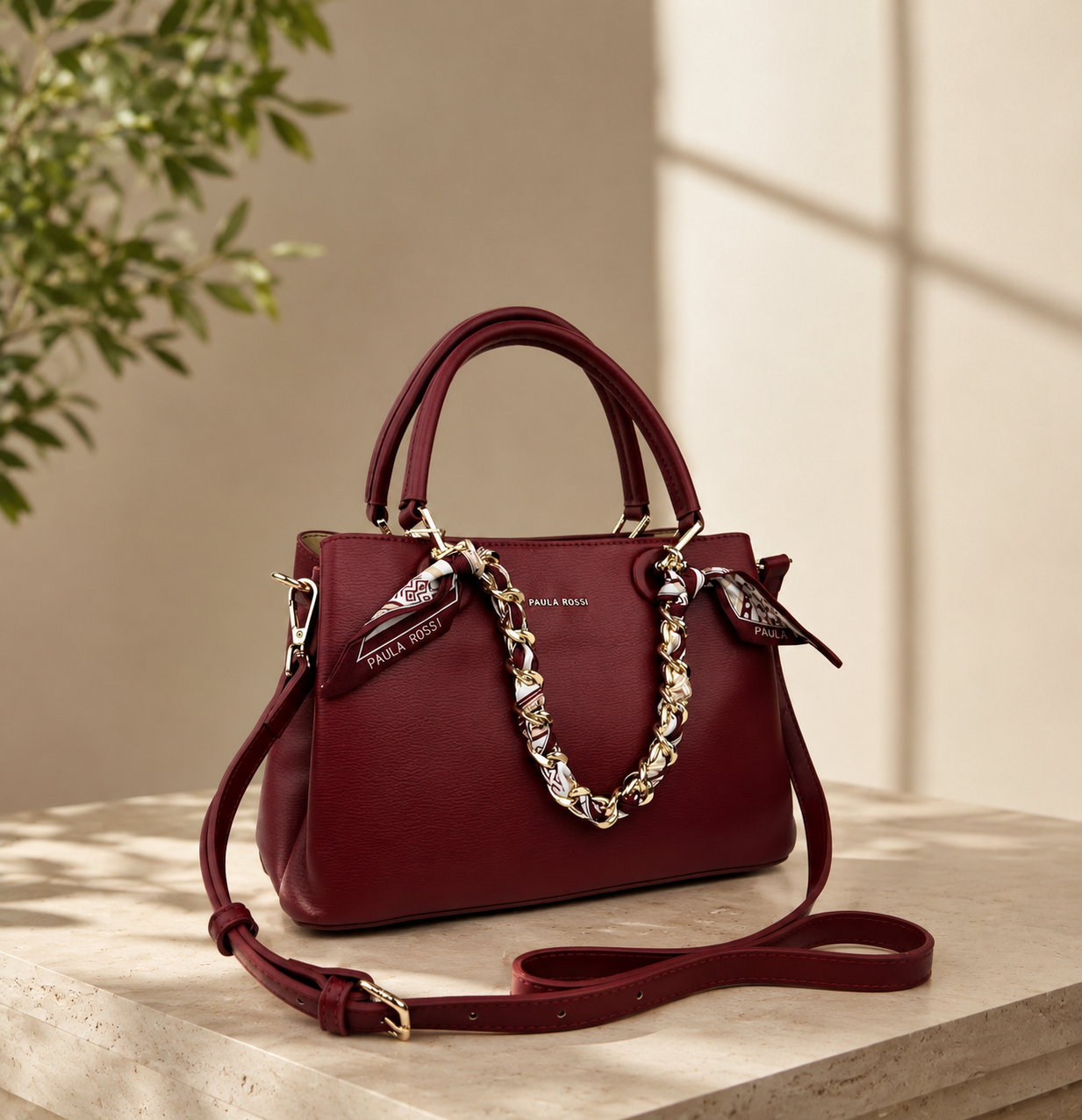 Sac à main bordeaux avec chaîne dorée