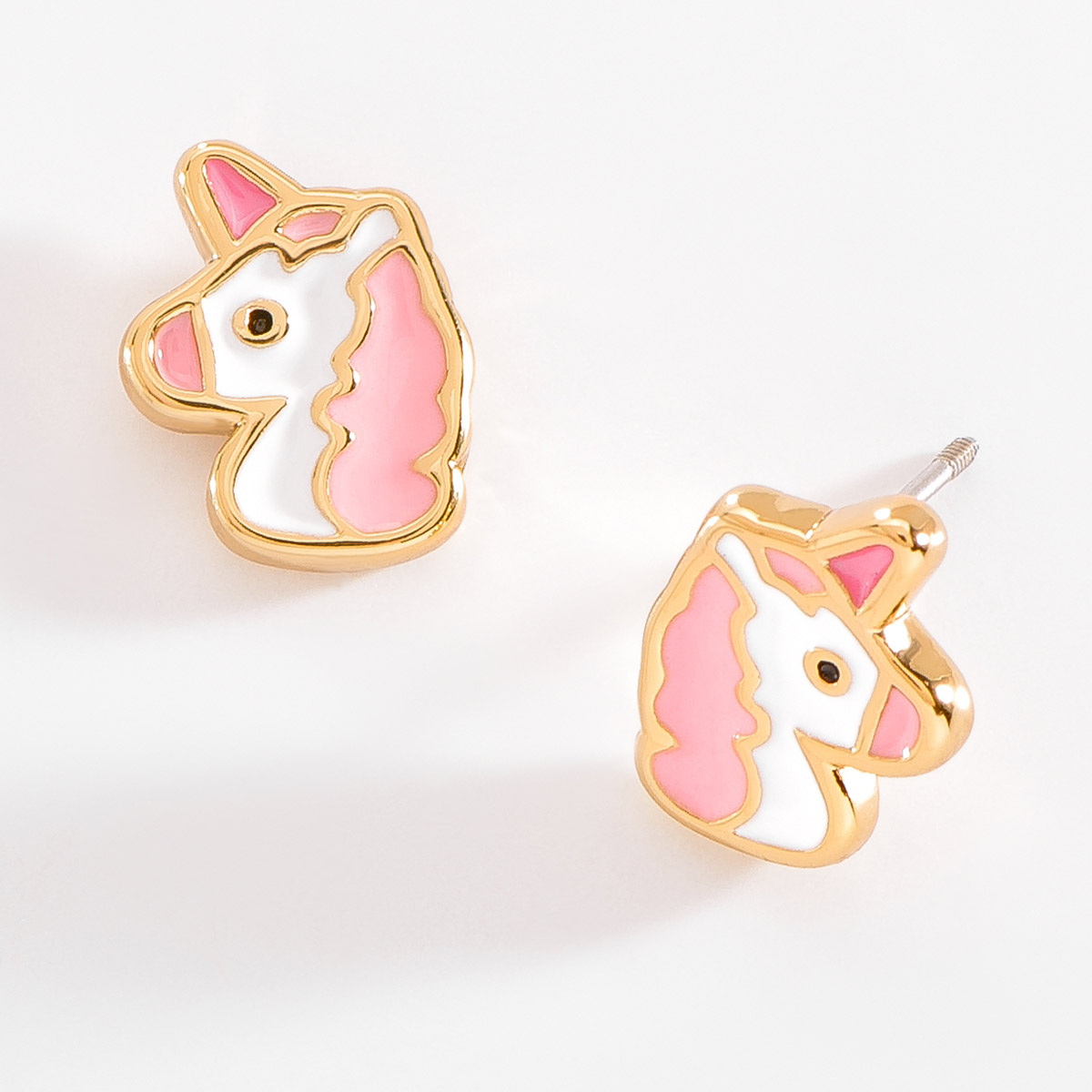 Aretes de Unicornio en Baño de Oro con Esmalte Rosa