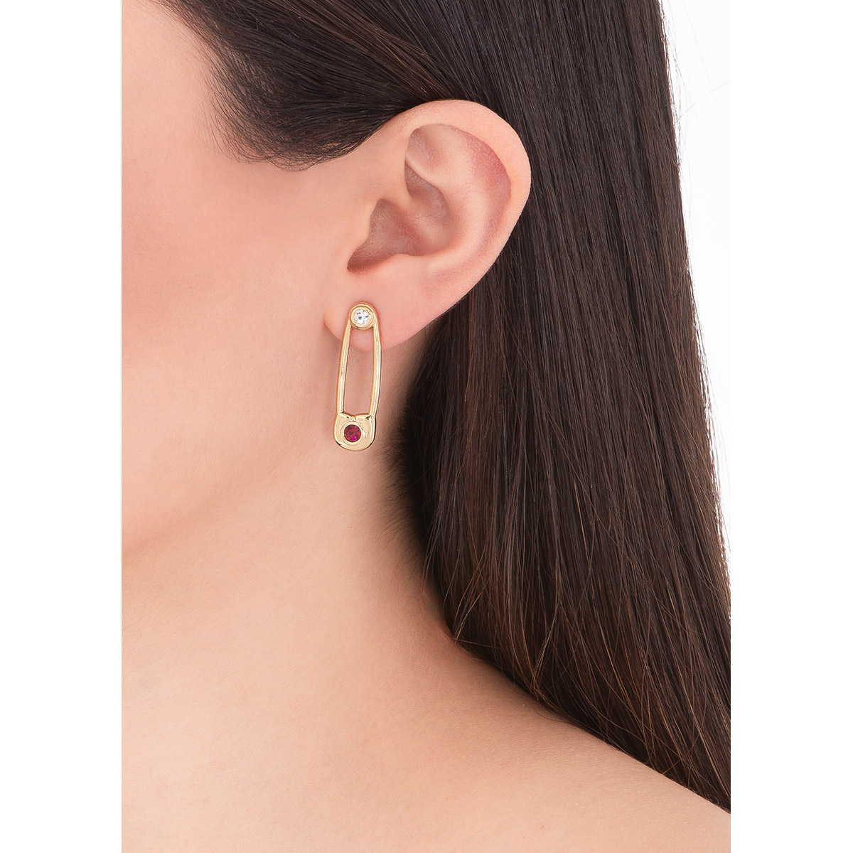 Aretes de broche con piedras cristal y rubí en oro 18k