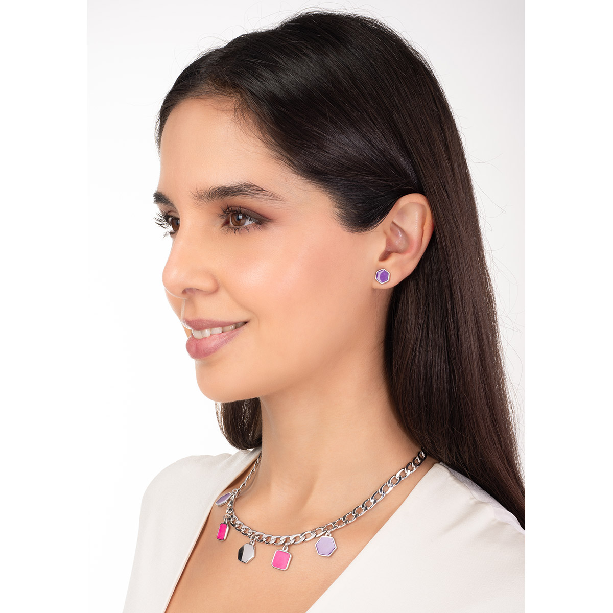 Aretes en baño de rodio diseño hexagonal tono morado