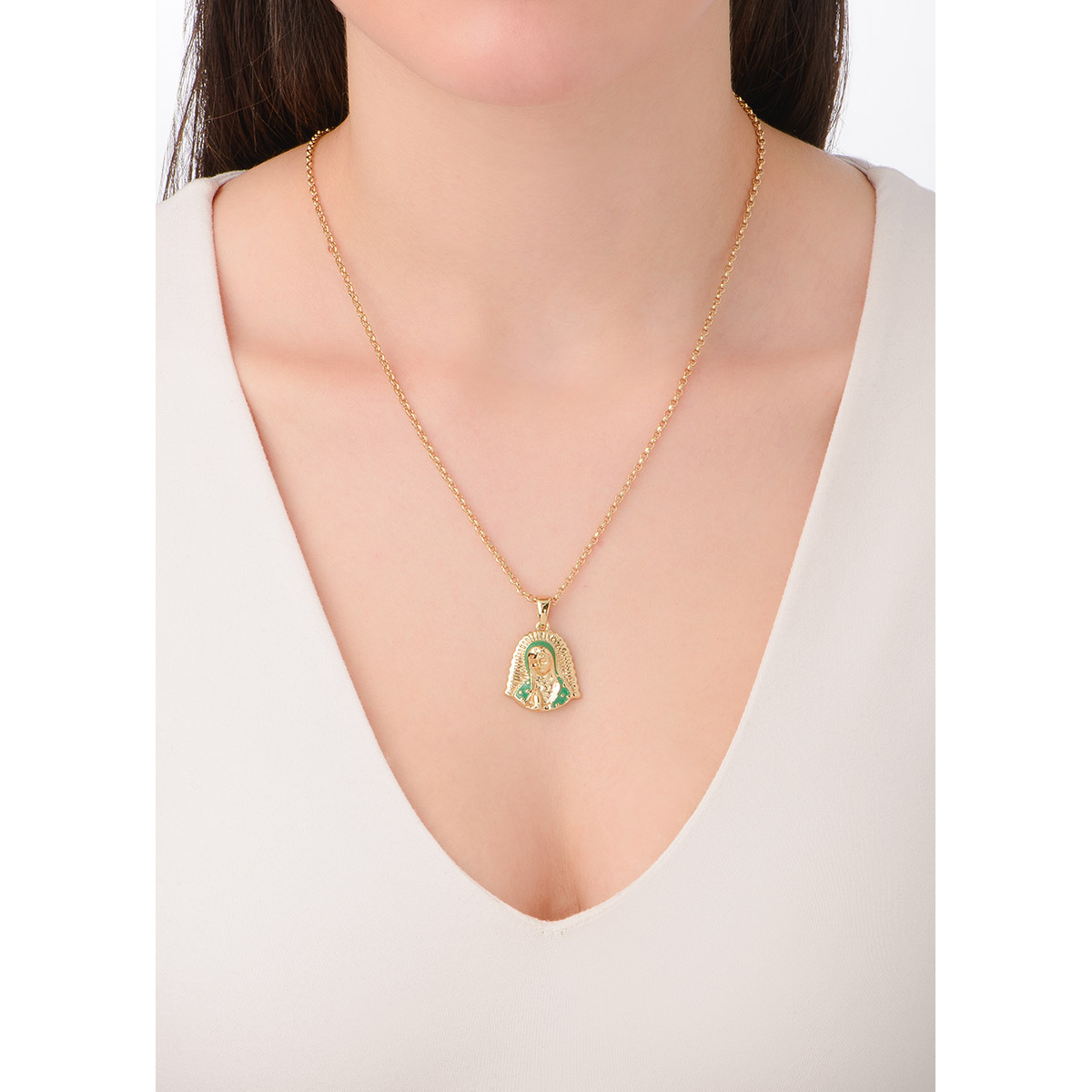Collar Virgen de Guadalupe en Oro con Esmalte Verde