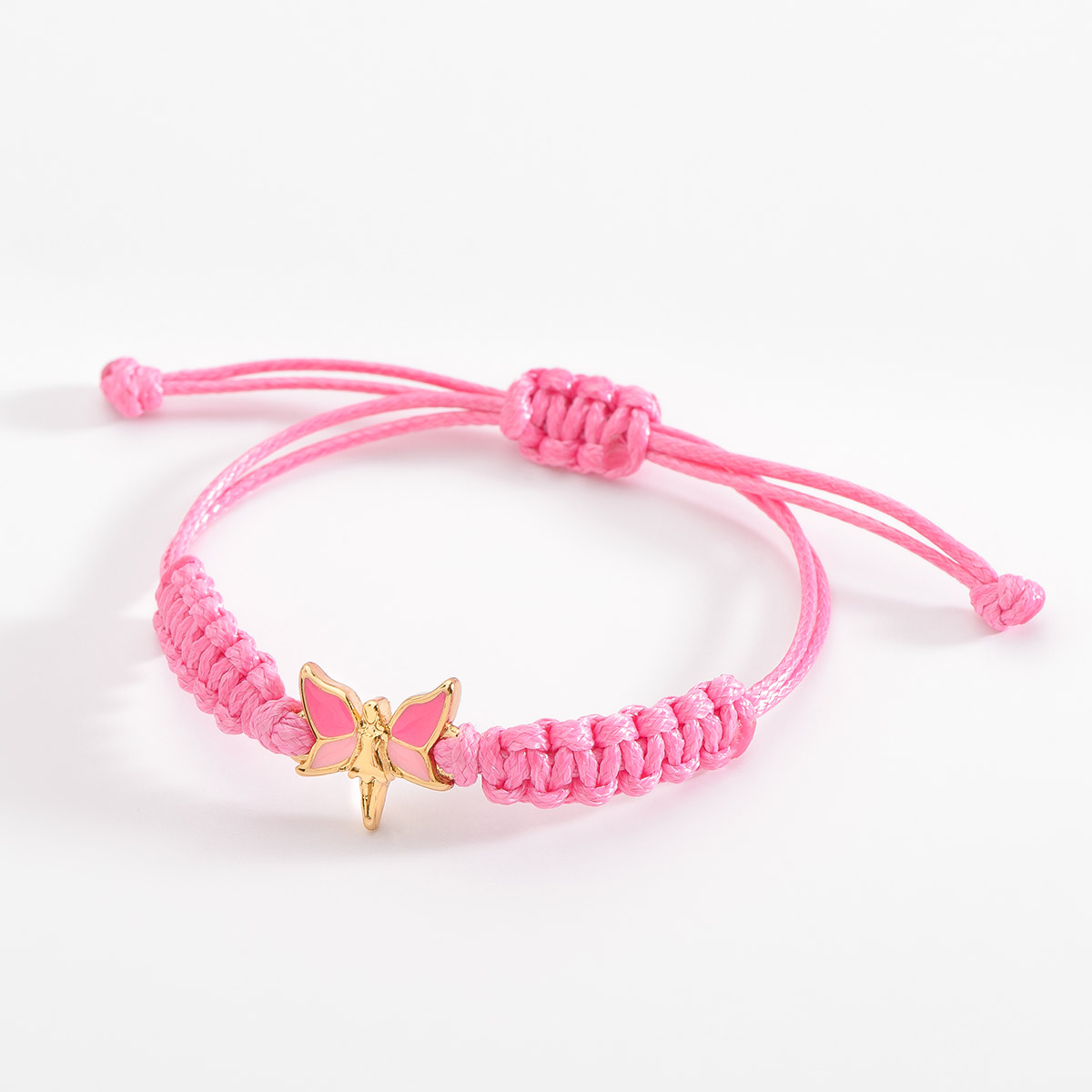 Pulsera ajustable de cordón rosa con dije de hada oro