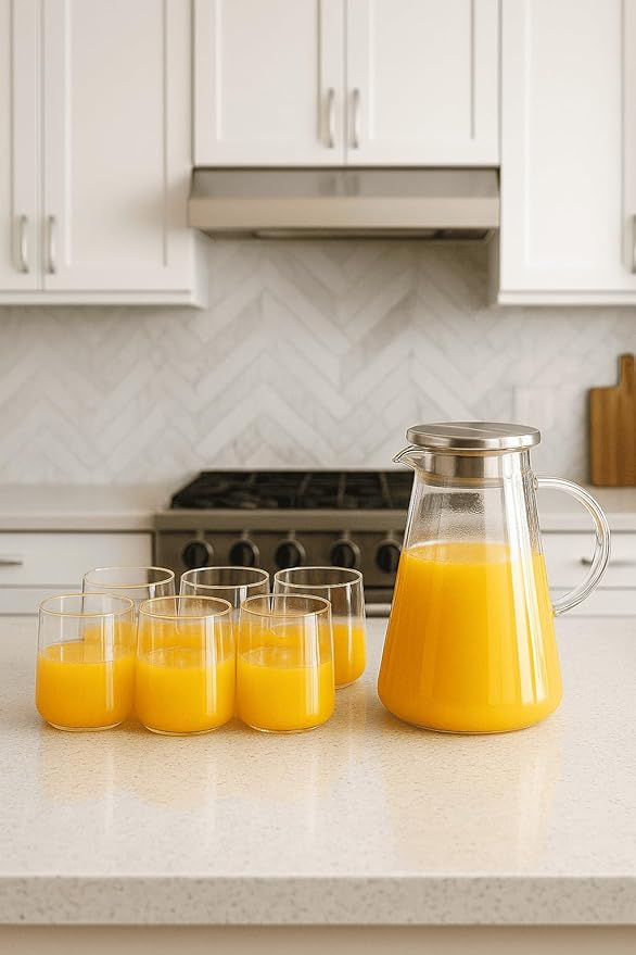 Conjunto de Jarra de Vidro Borossilicato com Tampa Inox 1,8L e 6 Copos de 270ml