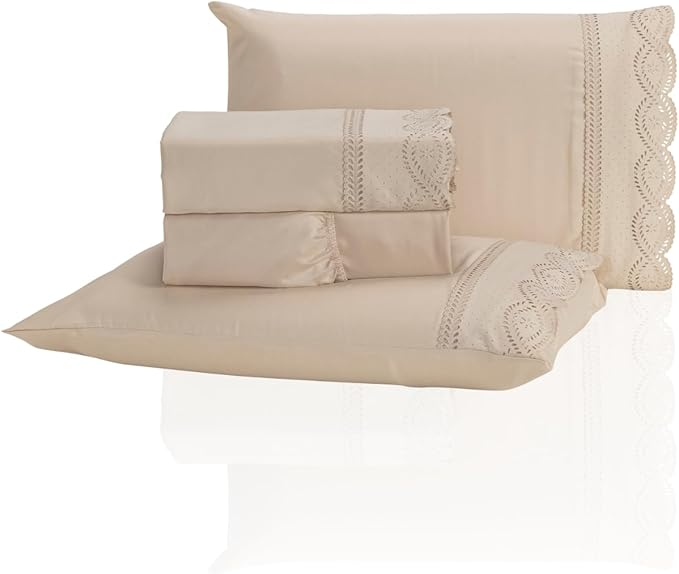 Jogo de Lençol Casal 3 Peças Percal 400 Fios Bordado Inglês - Tecido Acetinado, Macio e Confortável (Avelã, Casal)