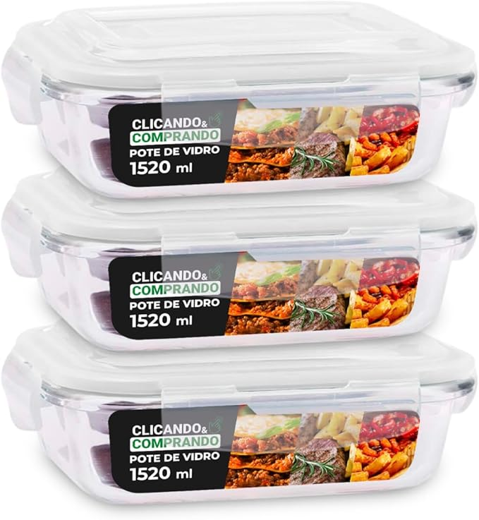 Kit 3 Potes de Vidro Retangular com Tampa Hermética 1520ml