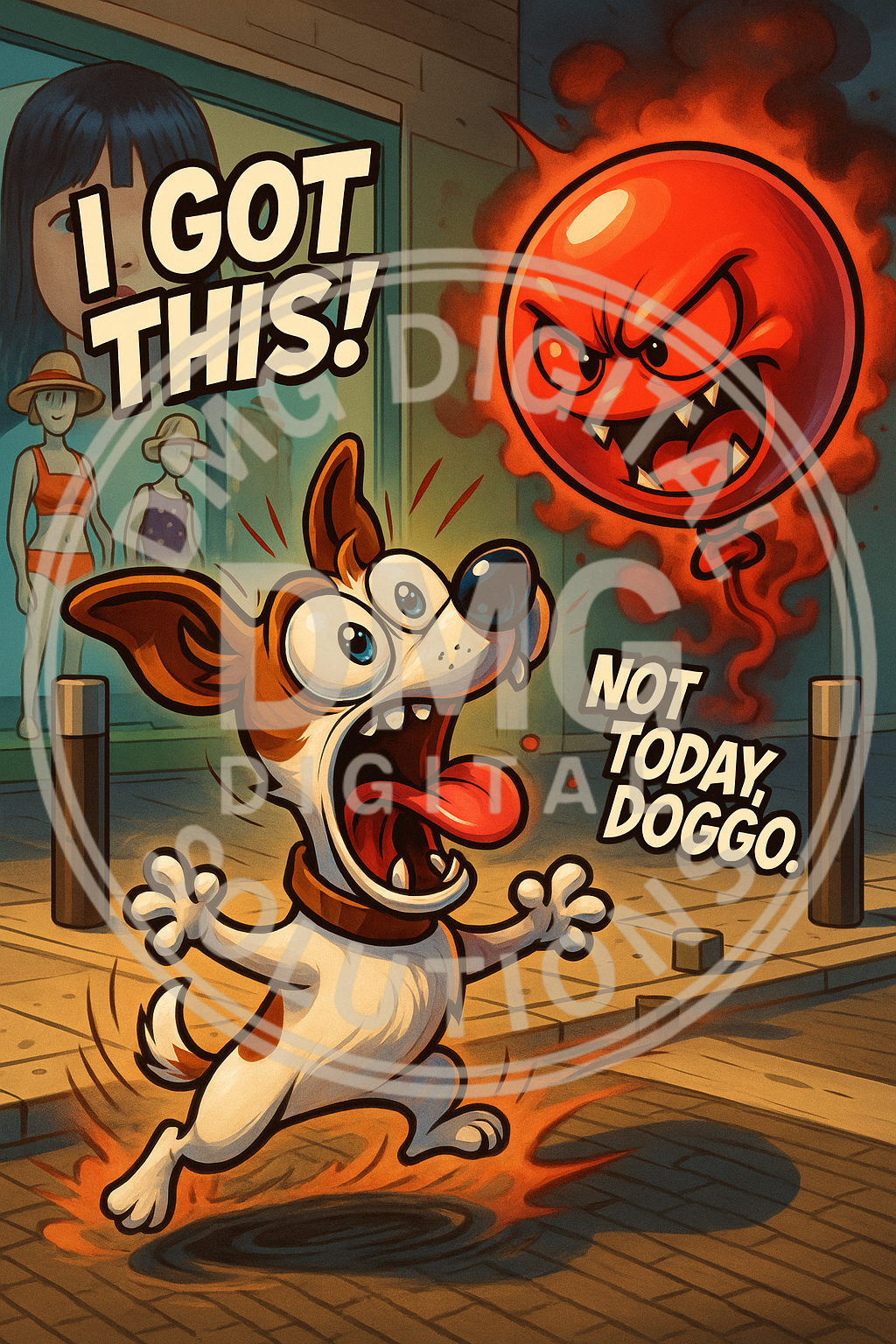 Doggo vs Evil Balloon – Printable Comic Wall Art (Funny Dog Caricature Download)