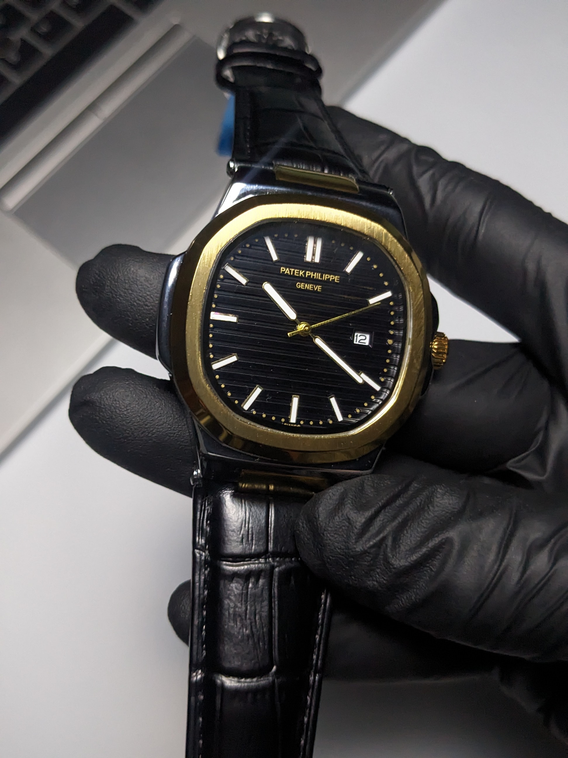PP Nautilus Black Leather strap (2 Tone Black Dial)