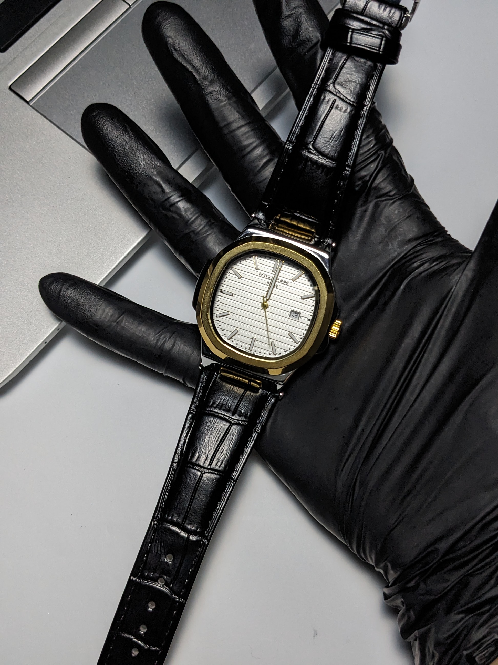 PP Nautilus Black Leather strap (2 Tone)
