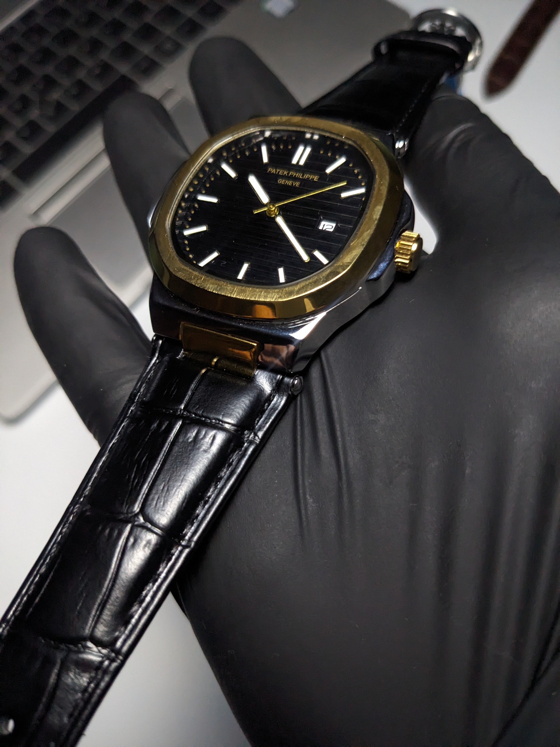 PP Nautilus Black Leather strap (2 Tone Black Dial)