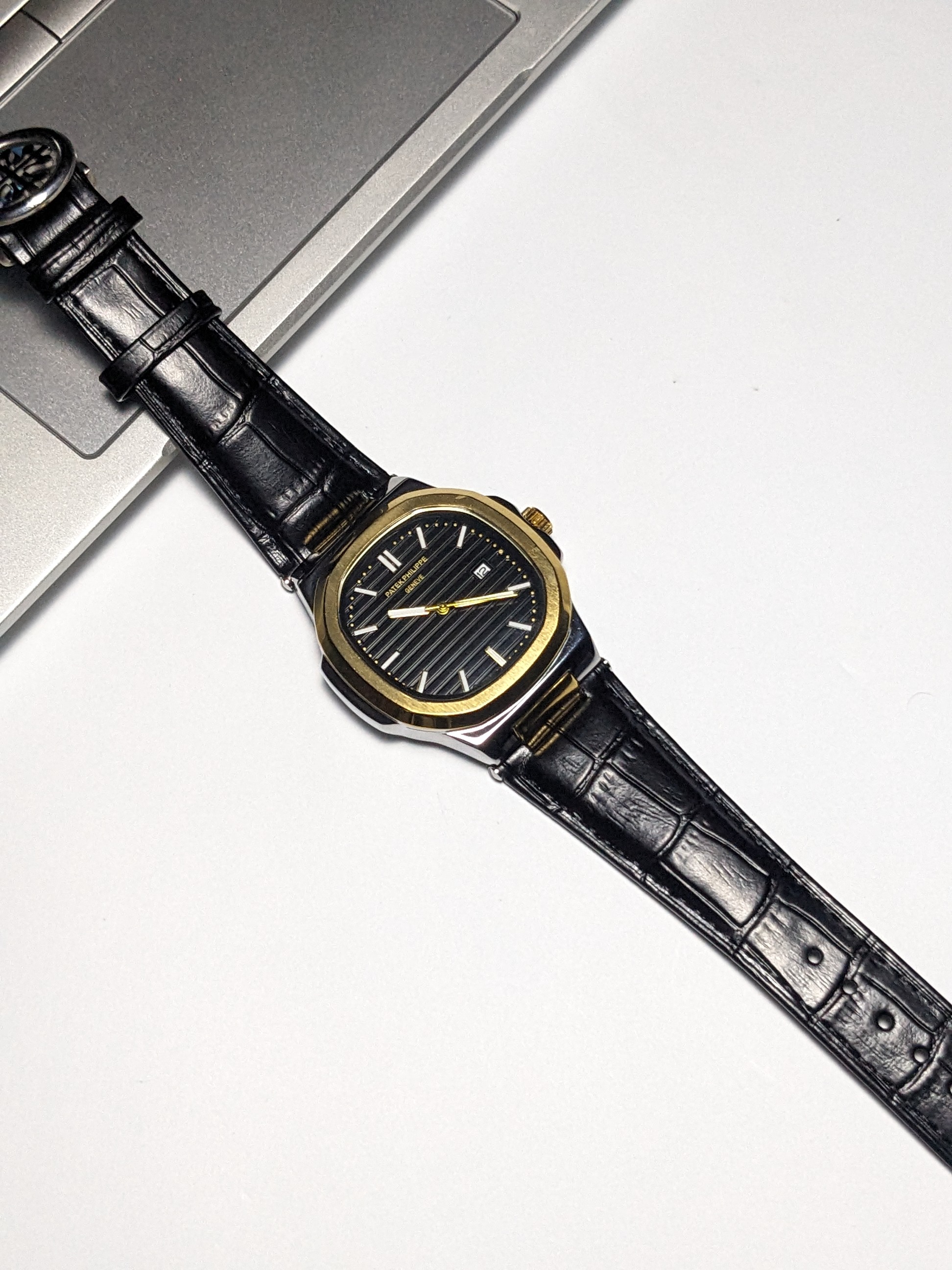 PP Nautilus Black Leather strap (2 Tone Black Dial)