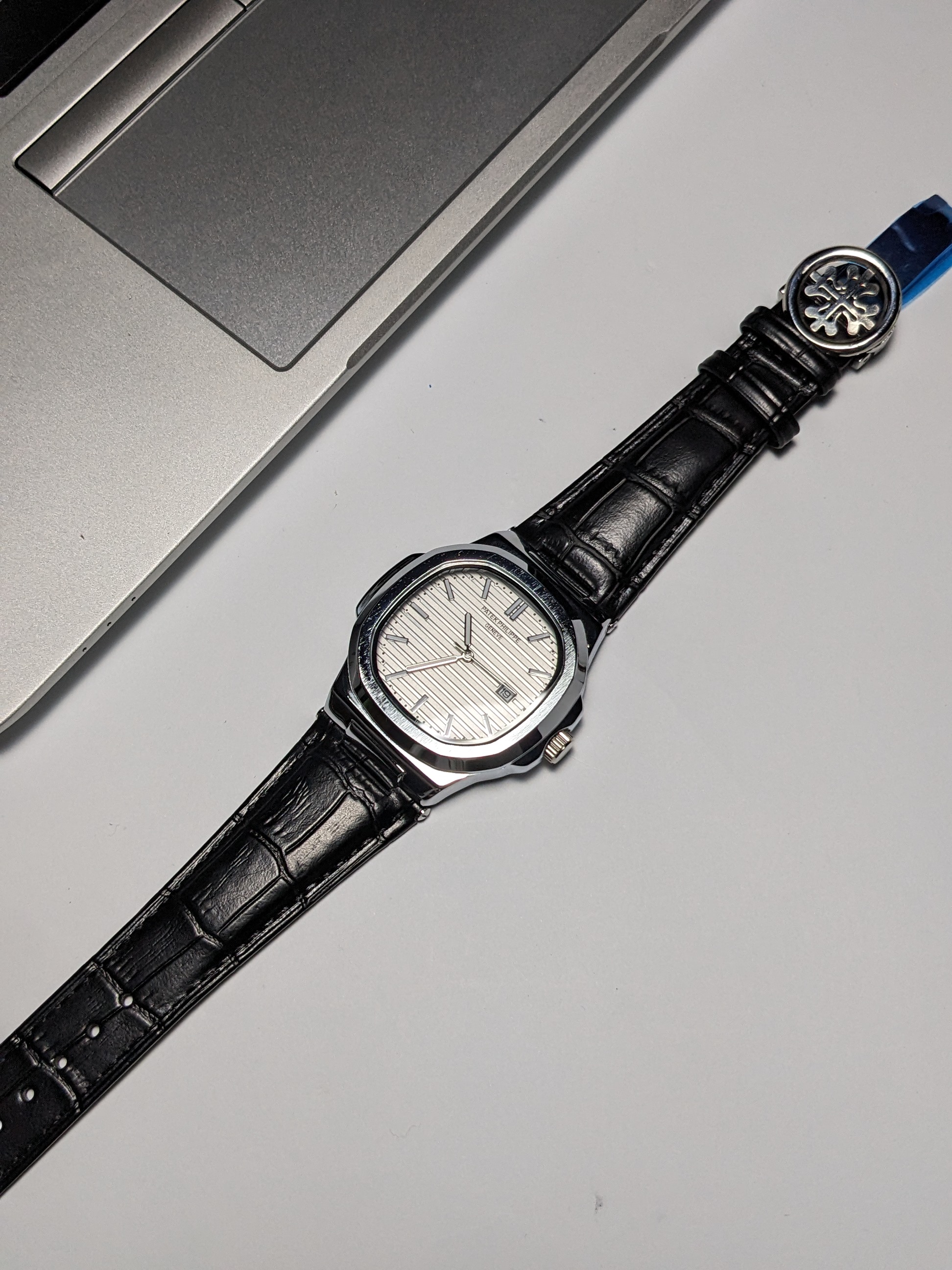 PP Nautilus Black Leather strap (Silver)