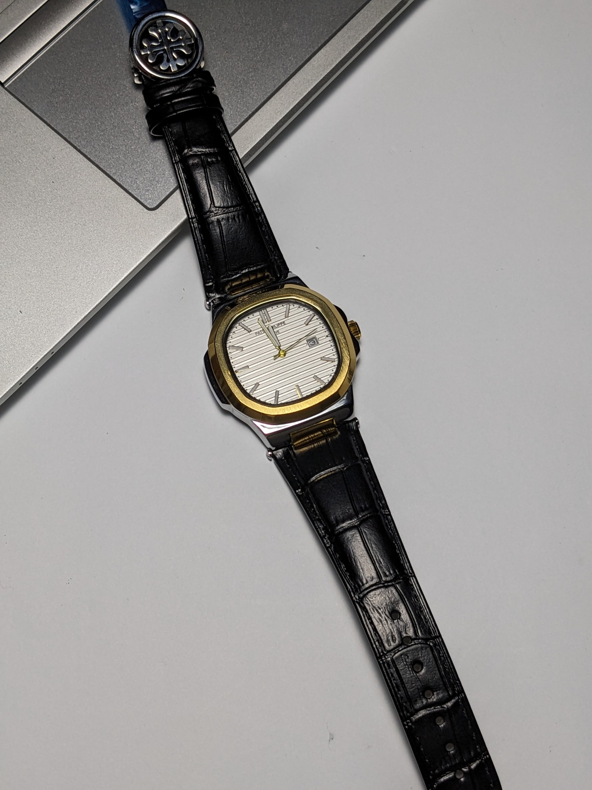 PP Nautilus Black Leather strap (2 Tone)