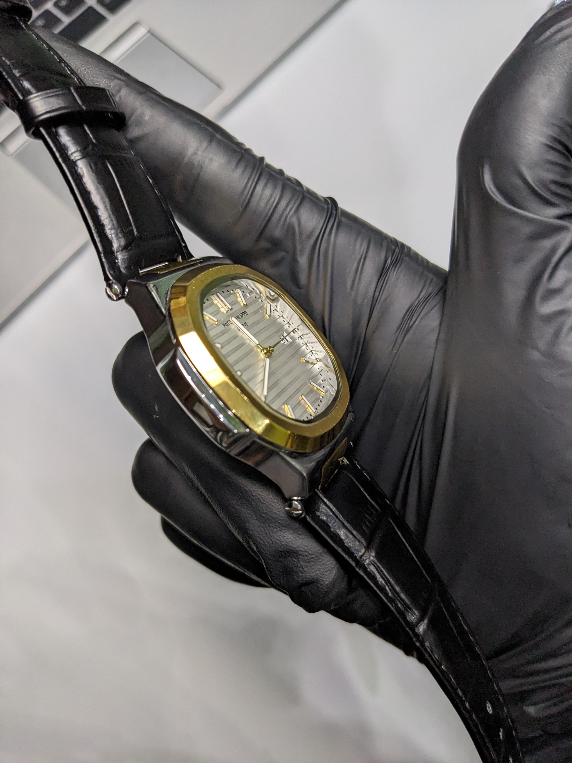 PP Nautilus Black Leather strap (2 Tone)