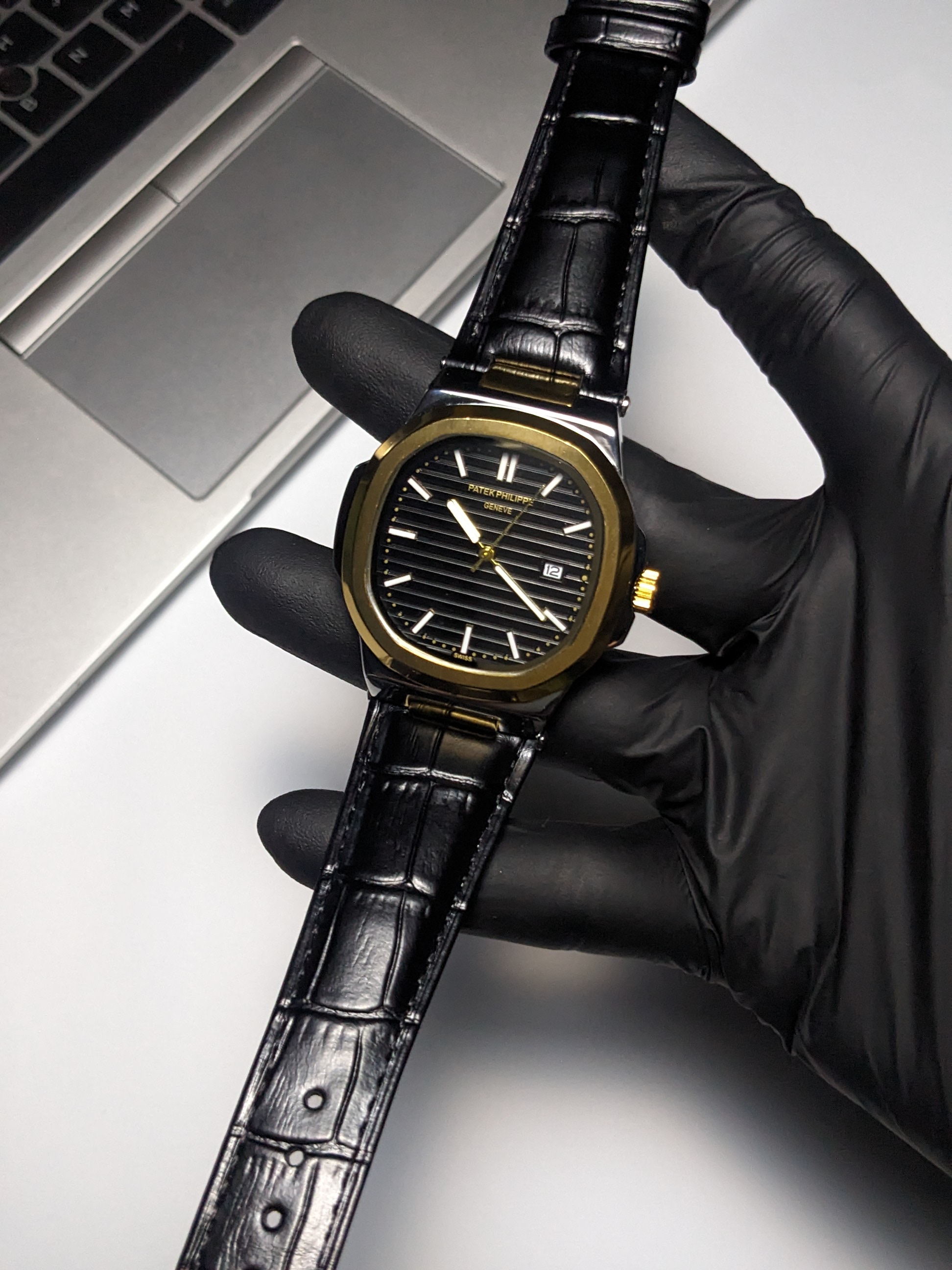 PP Nautilus Black Leather strap (2 Tone Black Dial)