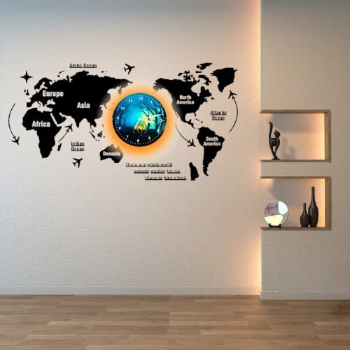 3d Wooden World Map With Esthetic Dial Wall Clock  