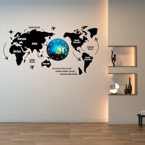 3d Wooden World Map With Esthetic Dial Wall Clock  