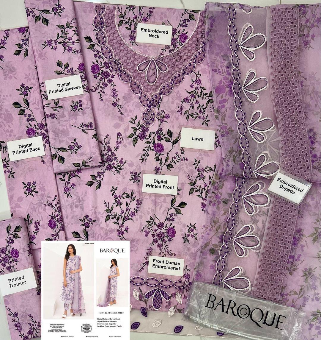 3pc Embroidered unstitched lawn suit