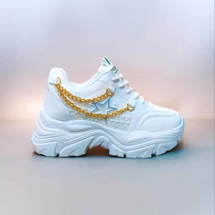 White Platform Sneakers with Gold Chain