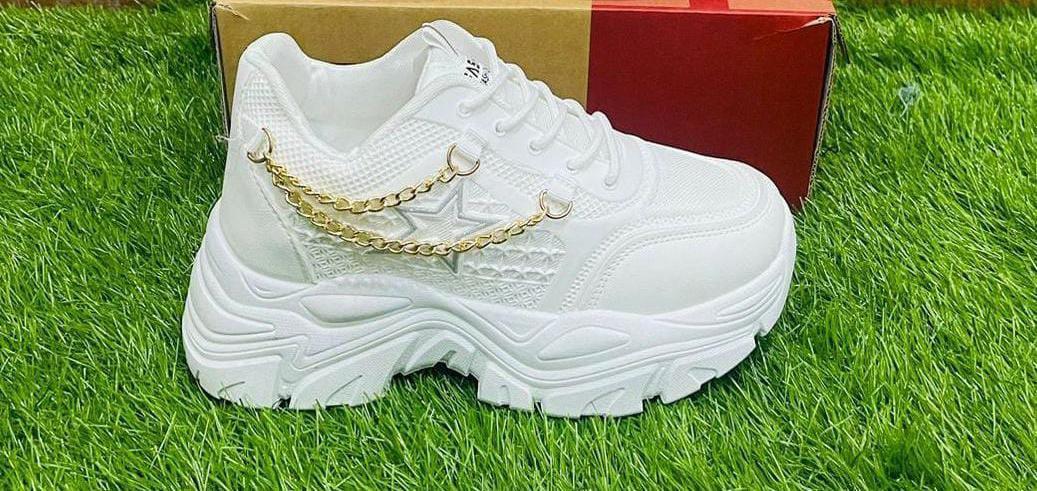 White Platform Sneakers with Gold Chain