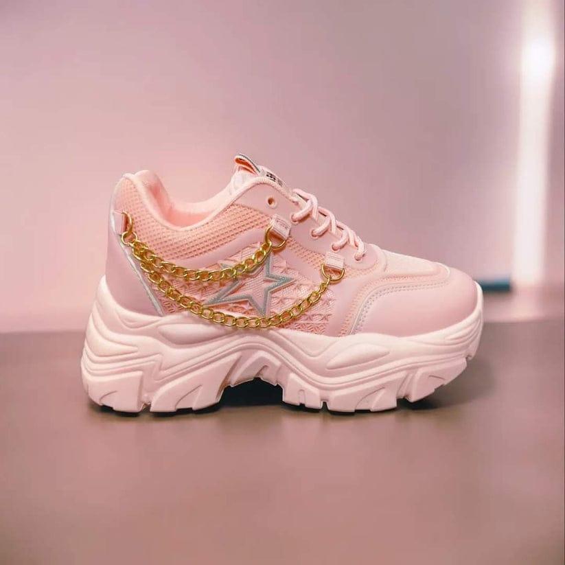 White Platform Sneakers with Gold Chain